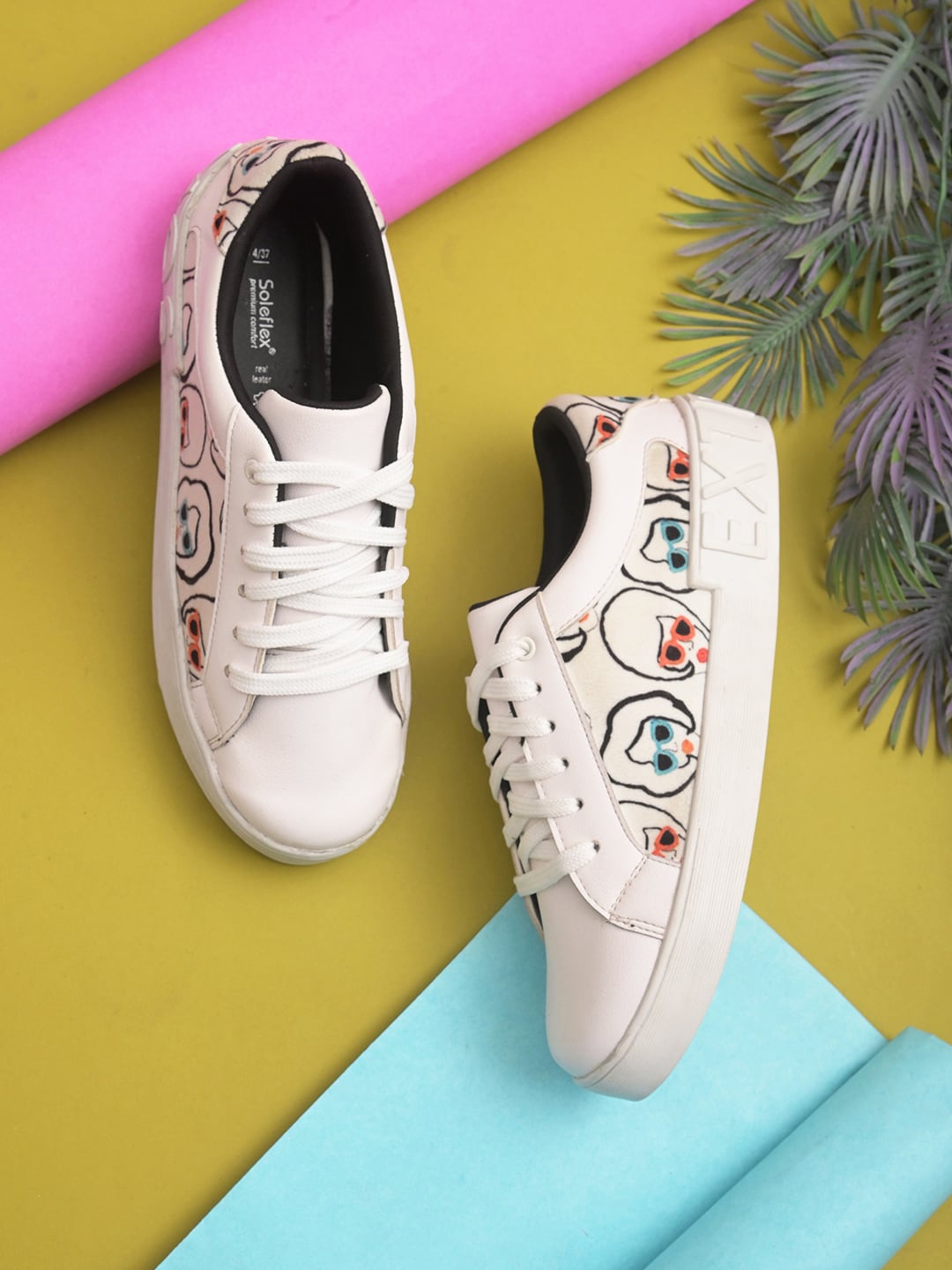 

EXTRIMOS Women White Printed Suede Sneakers