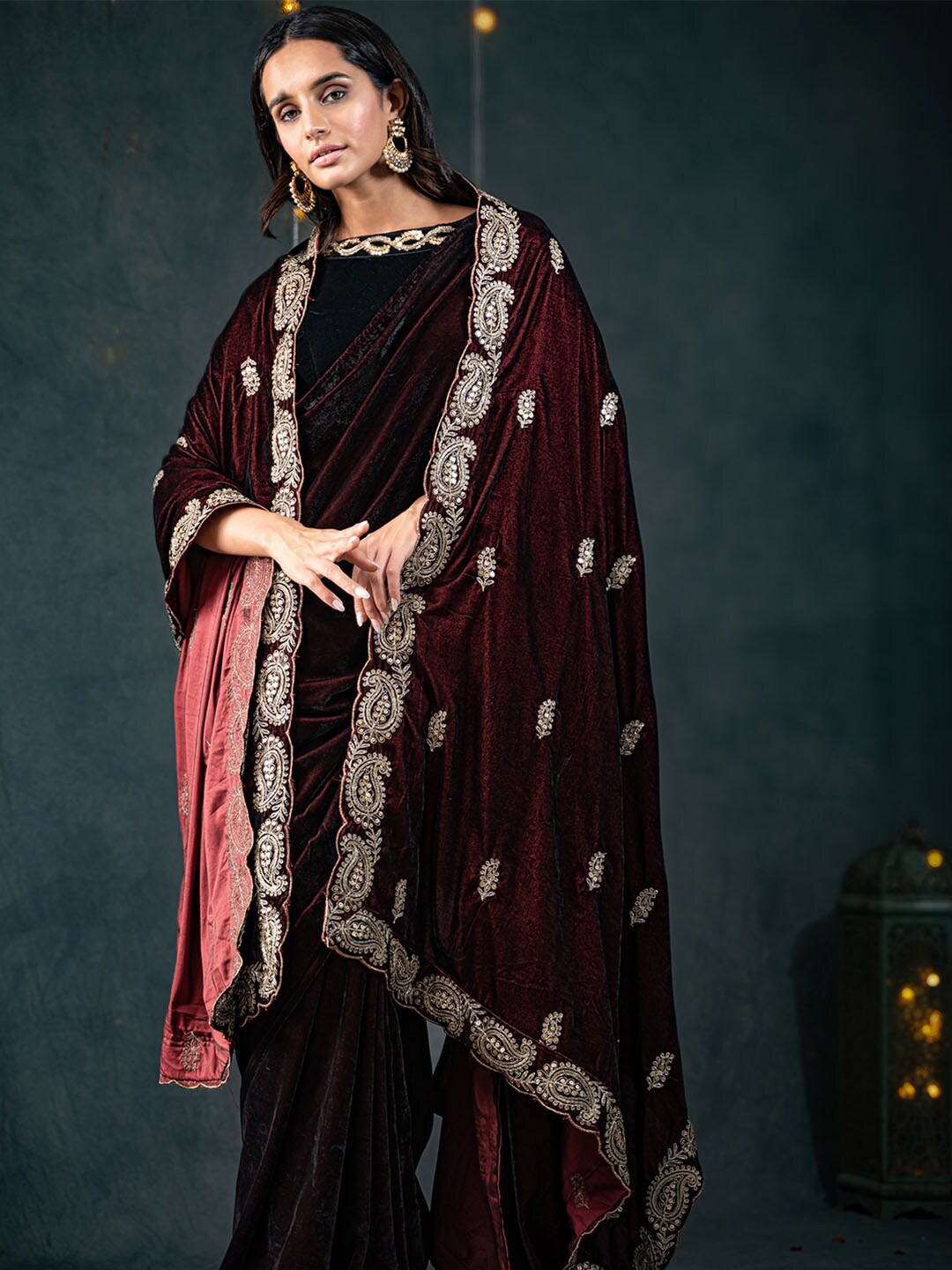 

Swtantra Women Embroidered Winter Velvet Shawl, Burgundy