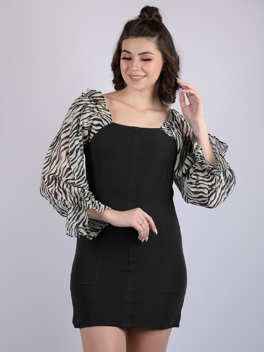 

OWO THE LABEL Puff Sleeved Striped Cotton Sheath Mini Dress, Black