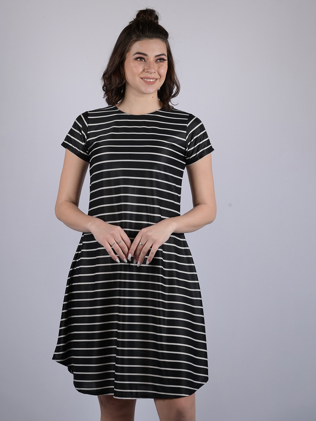 

OWO THE LABEL Mock Neck Striped A-Line Dress, Black