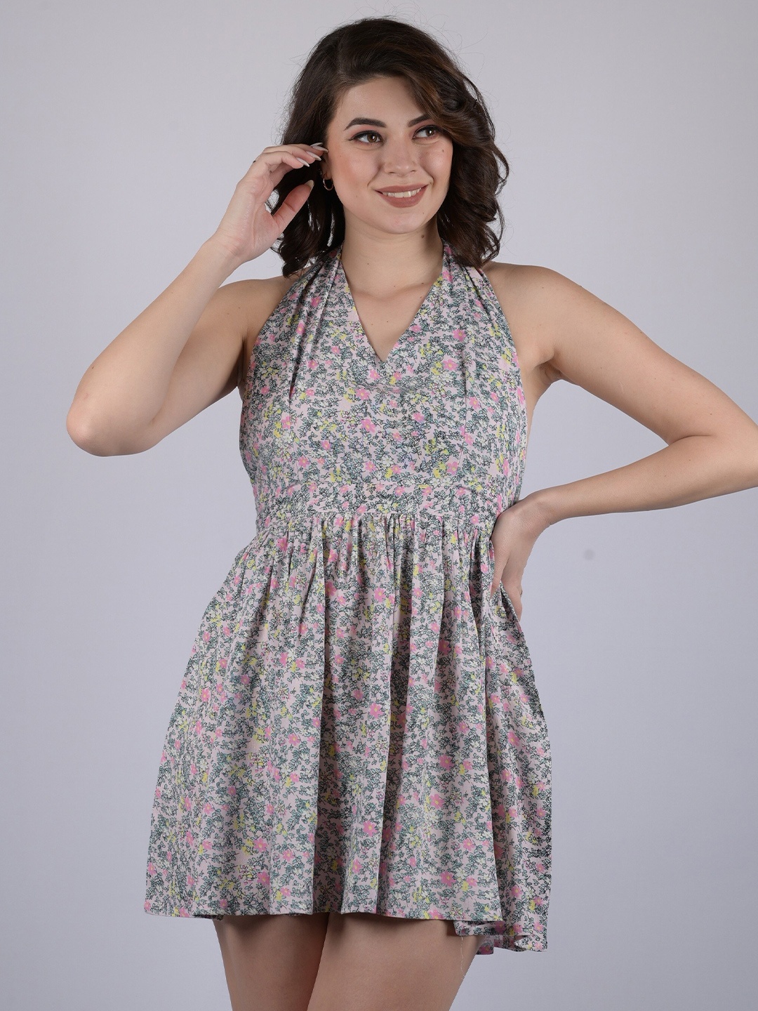 

OWO THE LABEL Tropical Printed Halter Neck Pure Cotton Mini Fit & Flare Dress, Pink