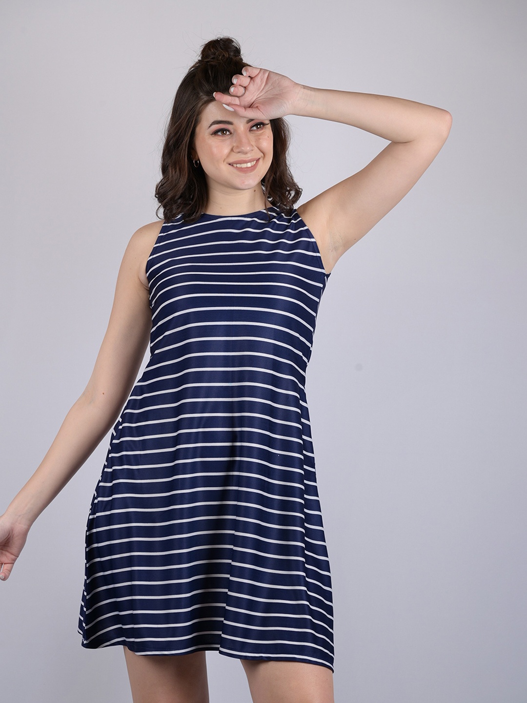 

OWO THE LABEL Striped Halter Neck A-Line Mini Dress, Navy blue