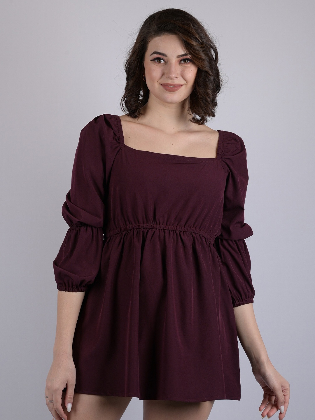 

OWO THE LABEL Puff Sleeves Mini Fit & Flare Dress, Burgundy