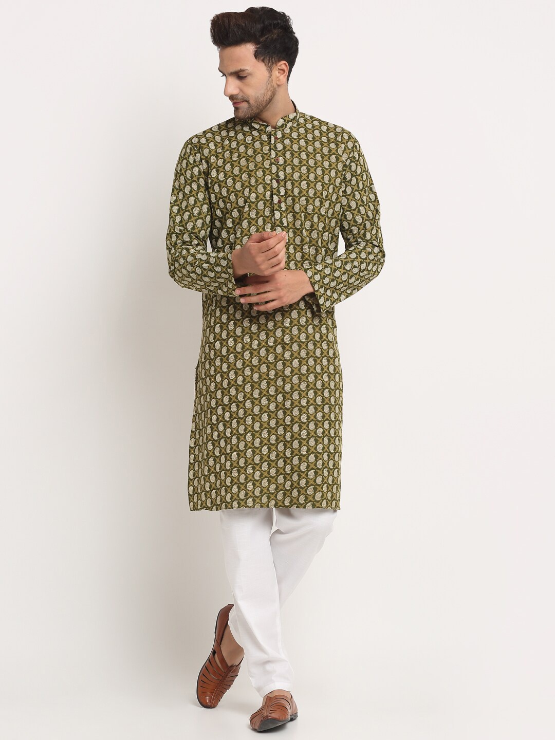 

KRAFT INDIA Men Ethnic Motifs Printed Pure Cotton Kurta with Trousers, Green
