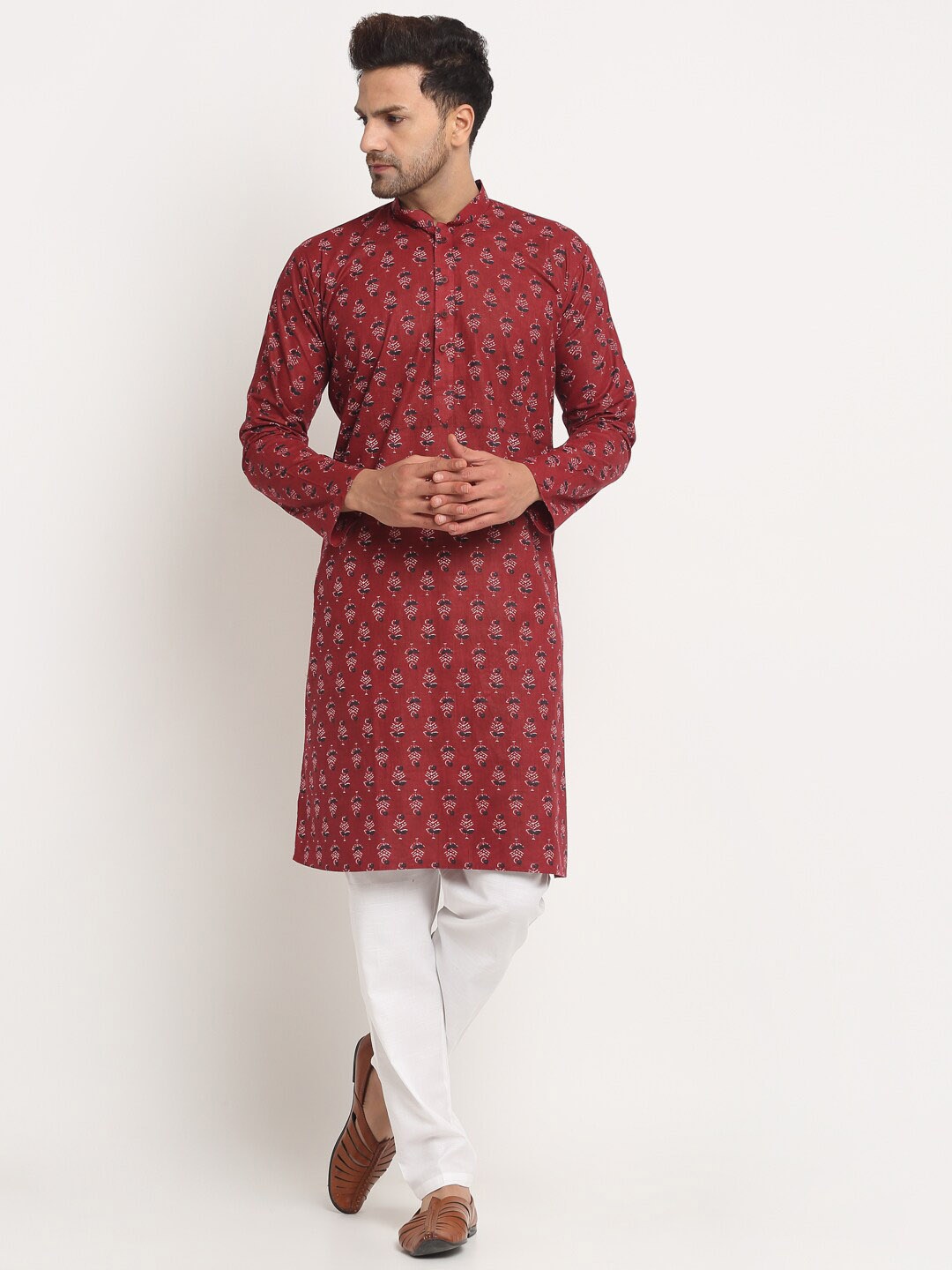 

KRAFT INDIA Men Ethnic Motifs Printed Pure Cotton Kurta with Trousers, Maroon