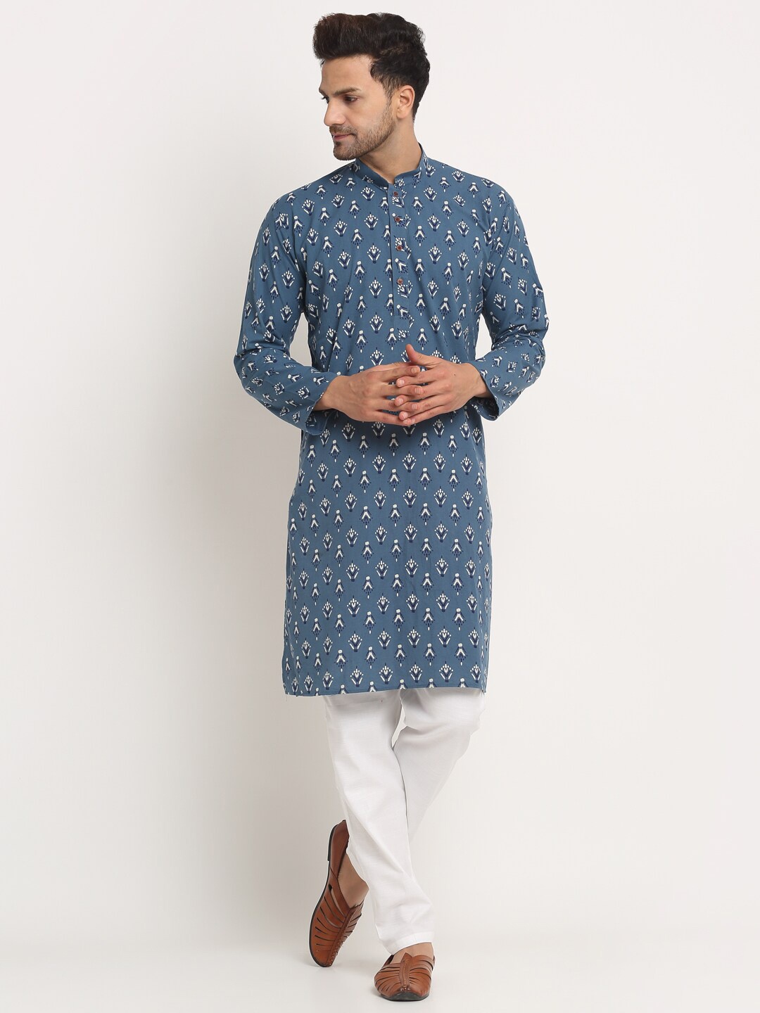 

KRAFT INDIA Men Ethnic Motifs Printed Pure Cotton Kurta with Trousers, Blue