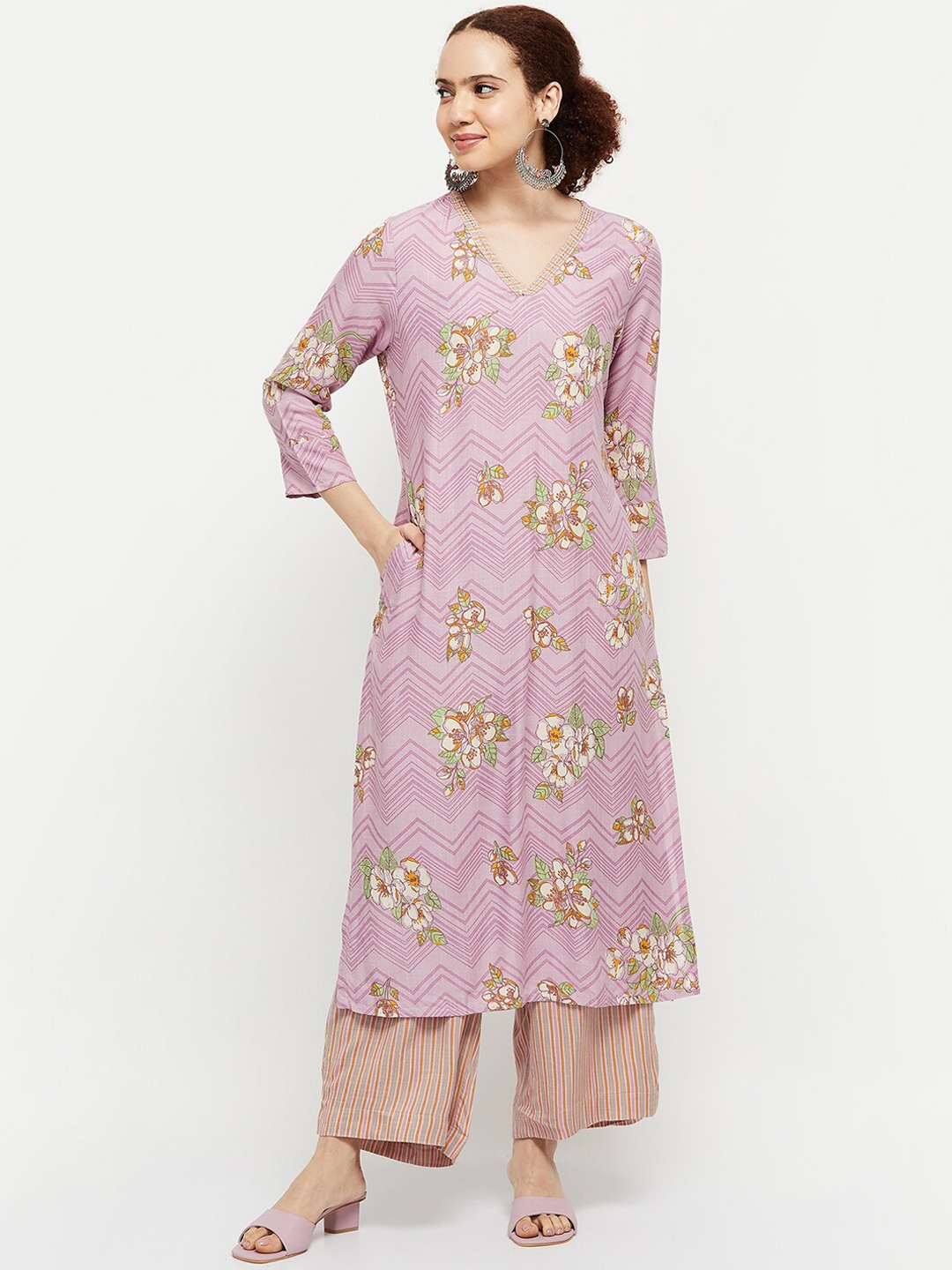 

max Floral Printed Kurta with Palazzos & Dupatta, Purple