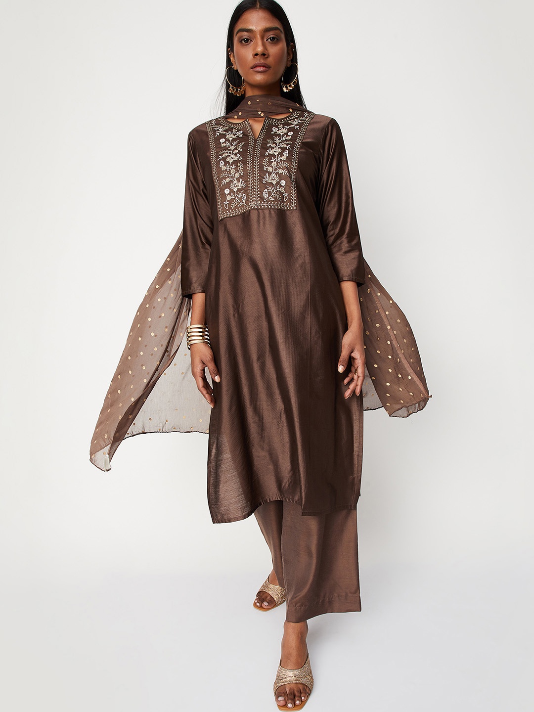 

max Yoke Design Thread Work Kurta with Trousers & Dupatta, Brown