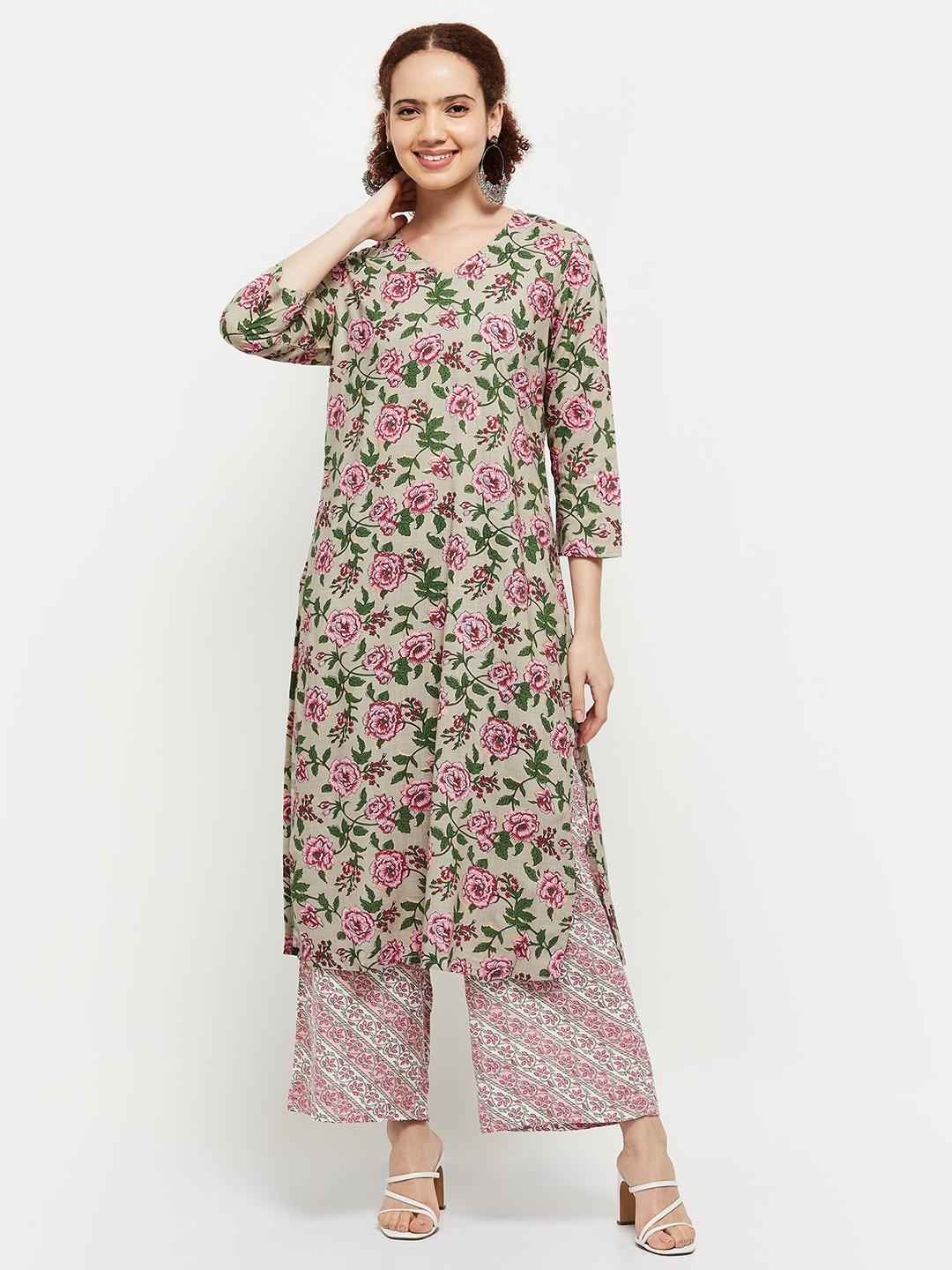 

max Floral Printed Kurta with Palazzos, Green