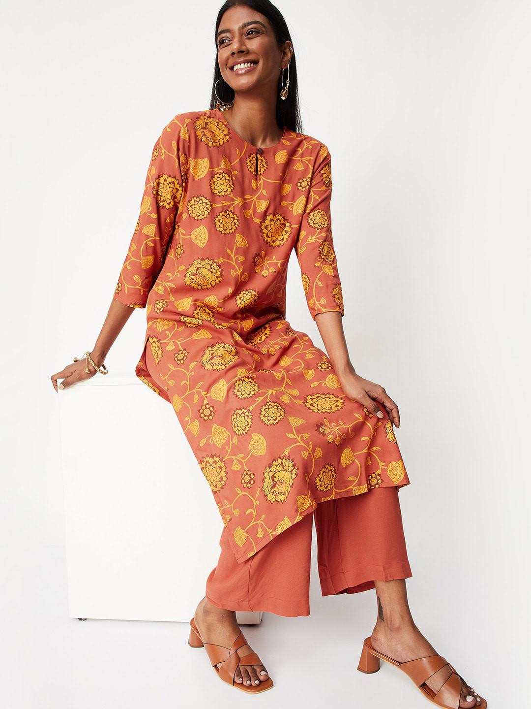 

max Rust Floral Printed Kurta with Palazzos