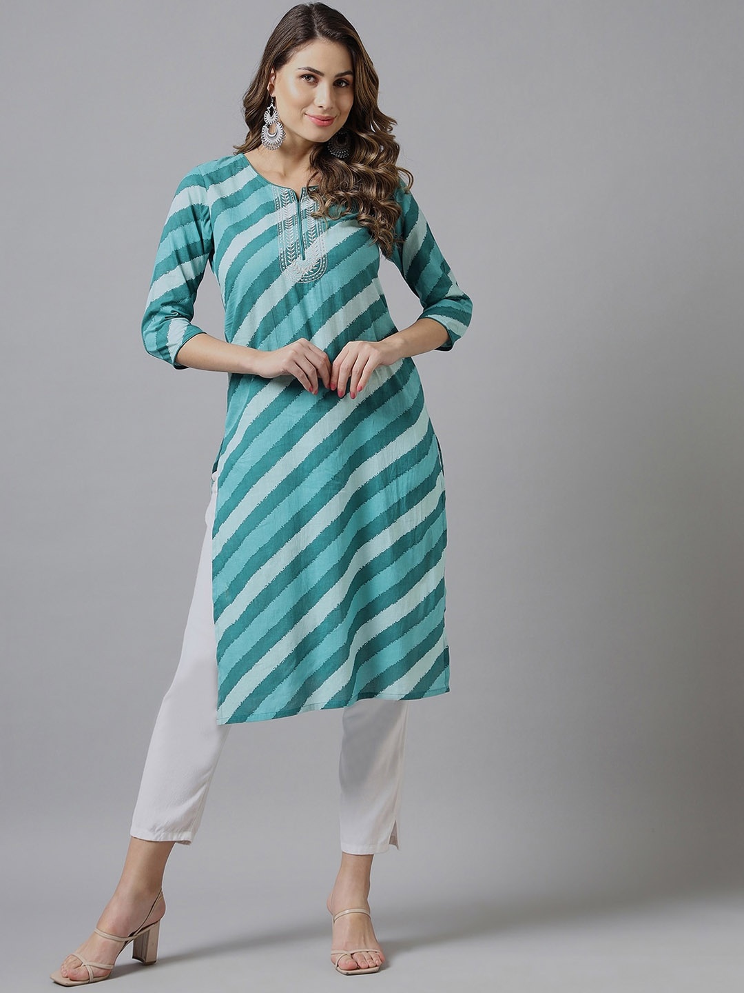 

Azira Round Neck Straight Hem Striped Thread Work Cotton Kurta, Blue