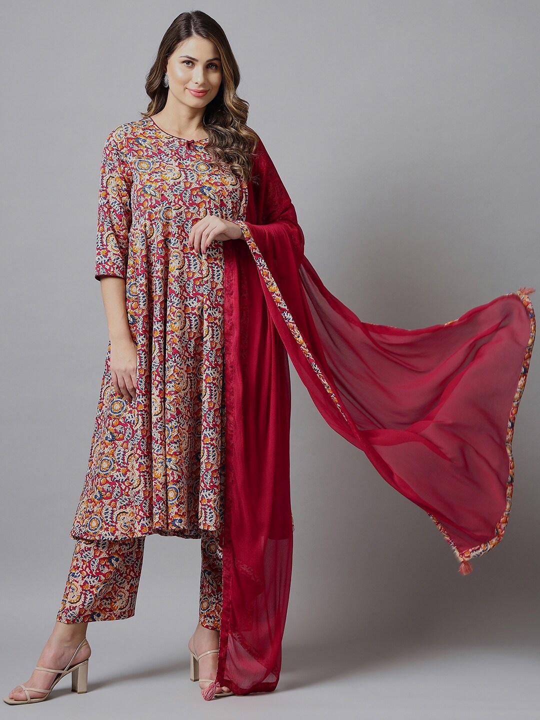 

Azira Women Floral Printed Pleated Kurta with Palazzos & With Dupatta, Red