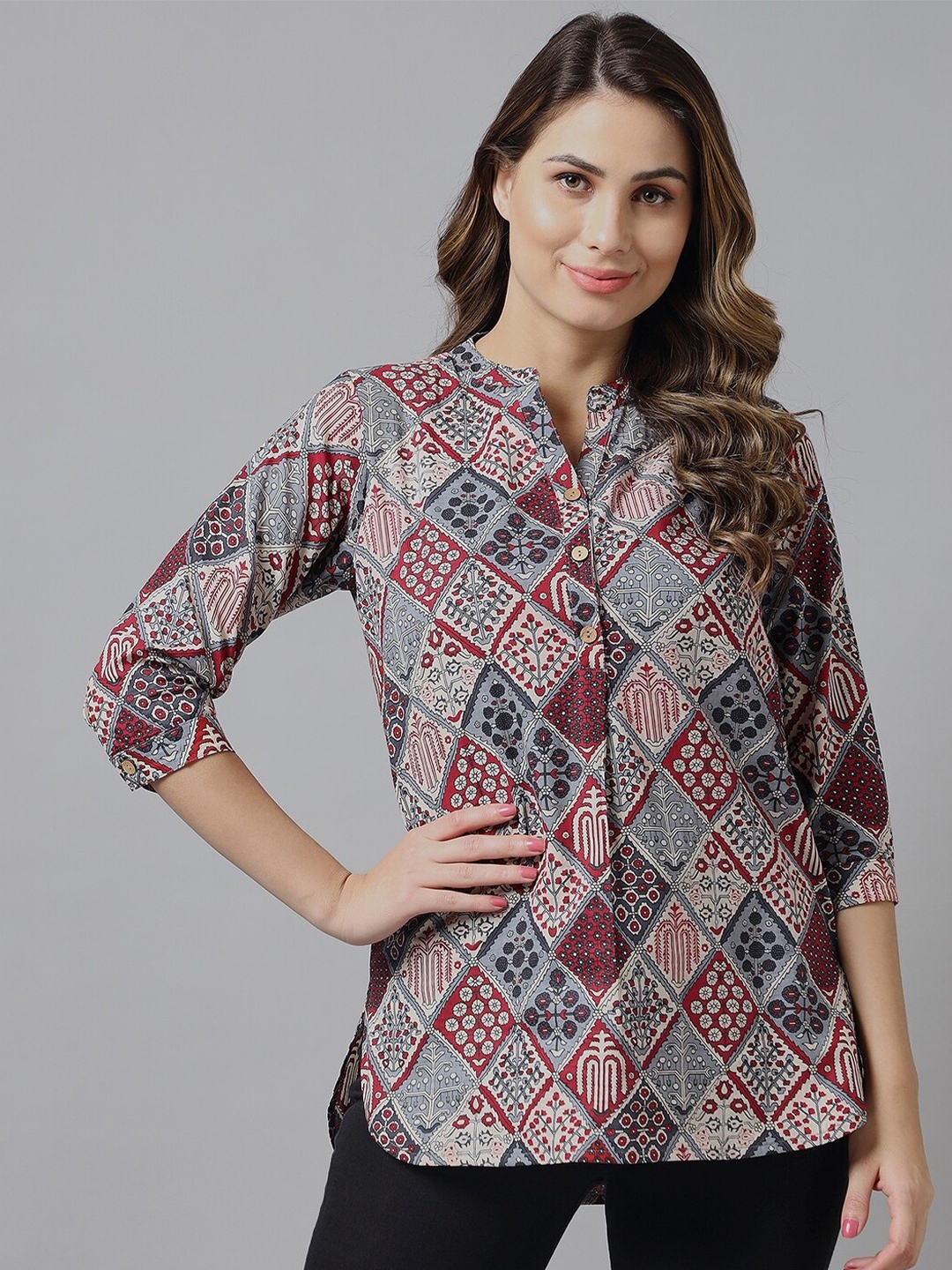 

Azira Mandarin Collar Printed Cotton Tunic, Blue