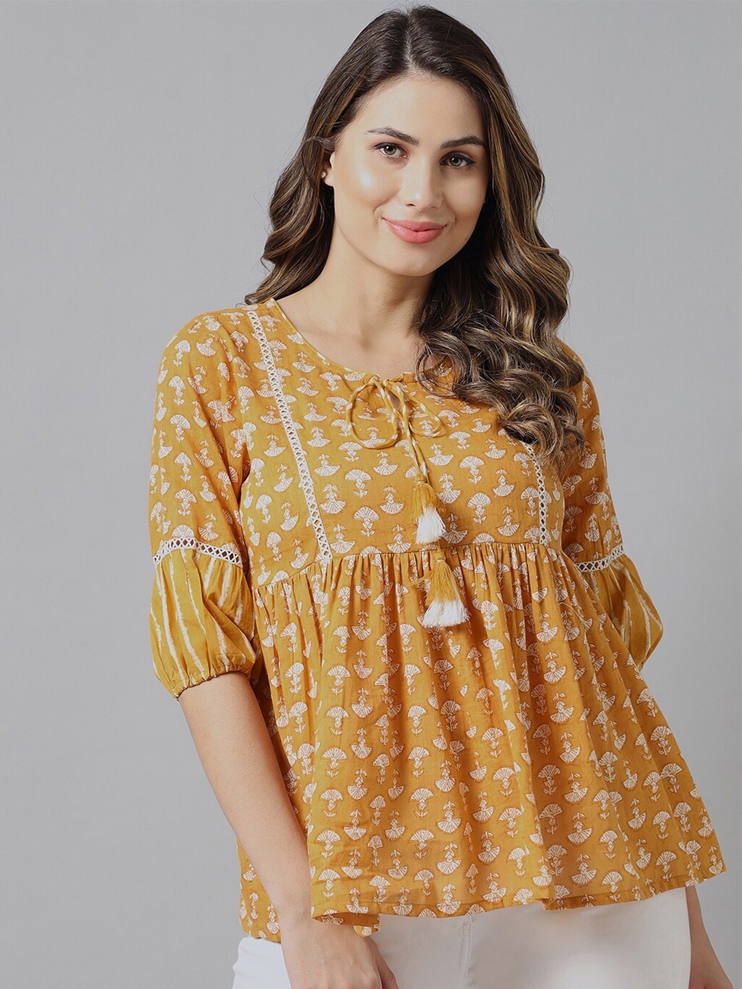 

Azira Mustard Yellow Print Tie-Up Neck Empire Top