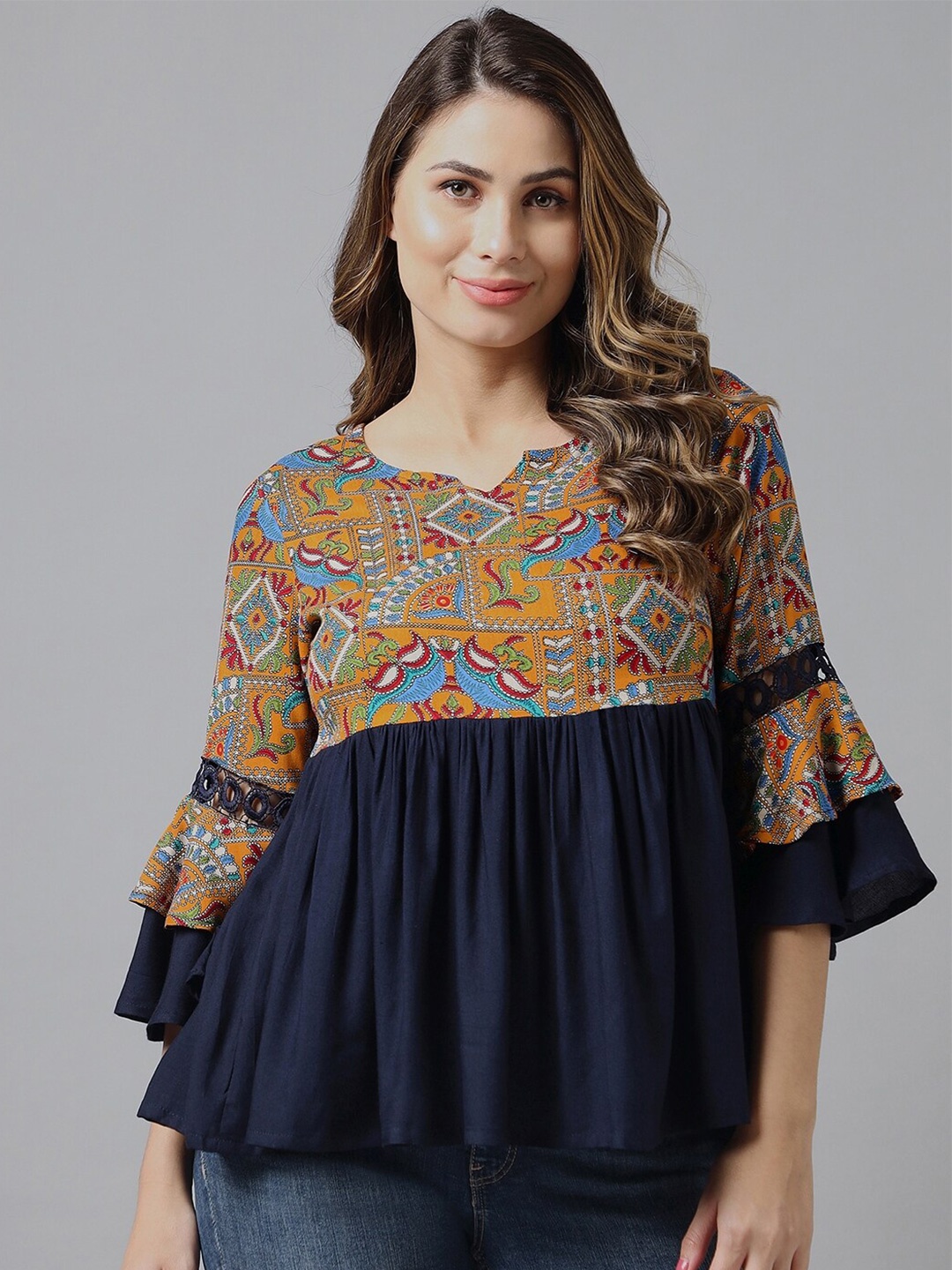 

Azira Navy Blue Print Ruffles Top