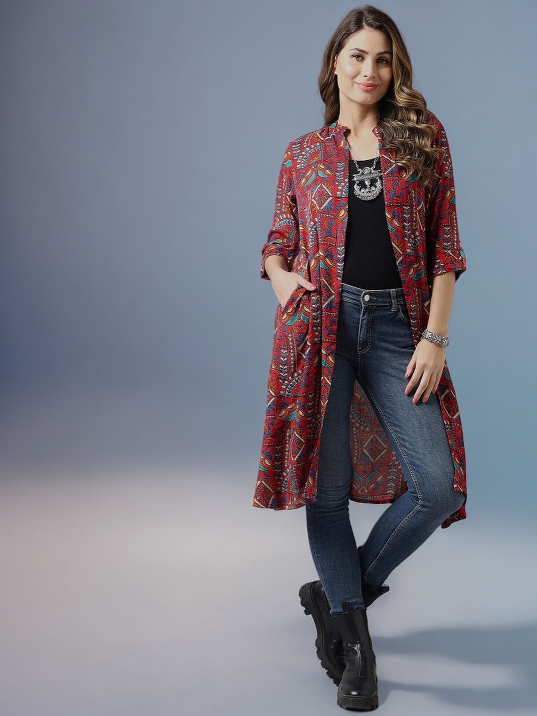 

Azira Women Printed Ethnic Longline Shrug, Red