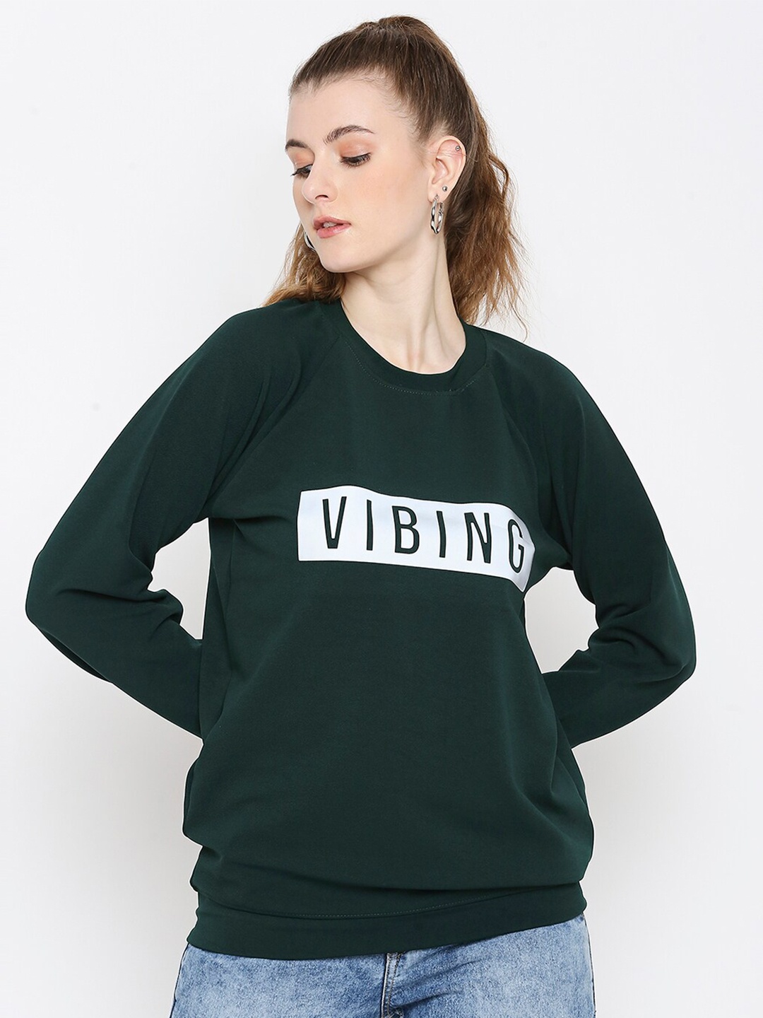 Smarty Pants Women Olive Green Cotton Printed Sweatshirt