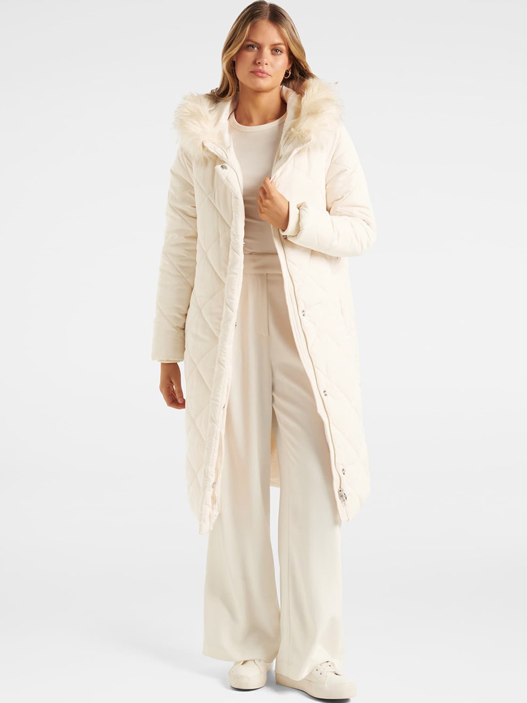 

Forever New Women Hooded Longline Parka Jacket, Cream