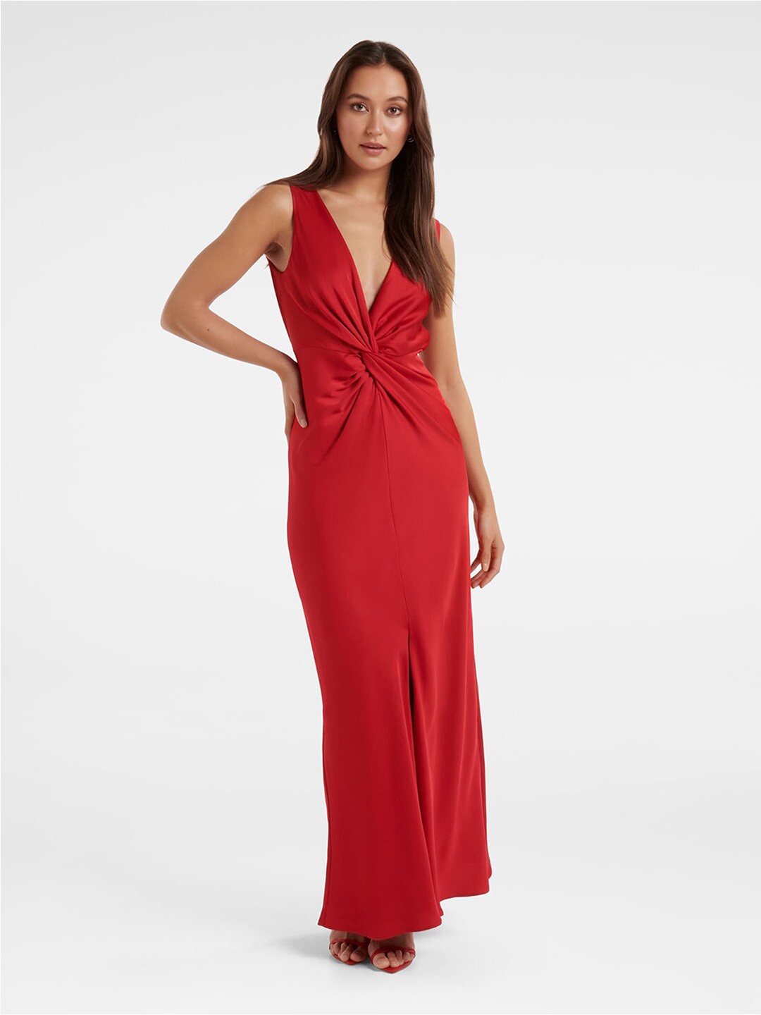 

Forever New Red Satin Sheath Maxi Dress