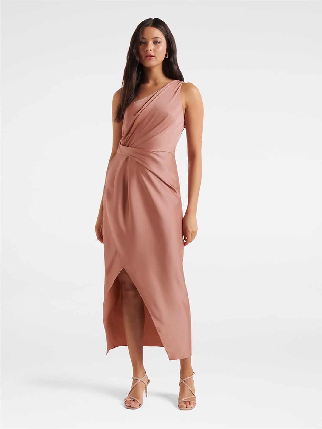 

Forever New Peach-Coloured One Shoulder Satin Sheath Maxi Dress