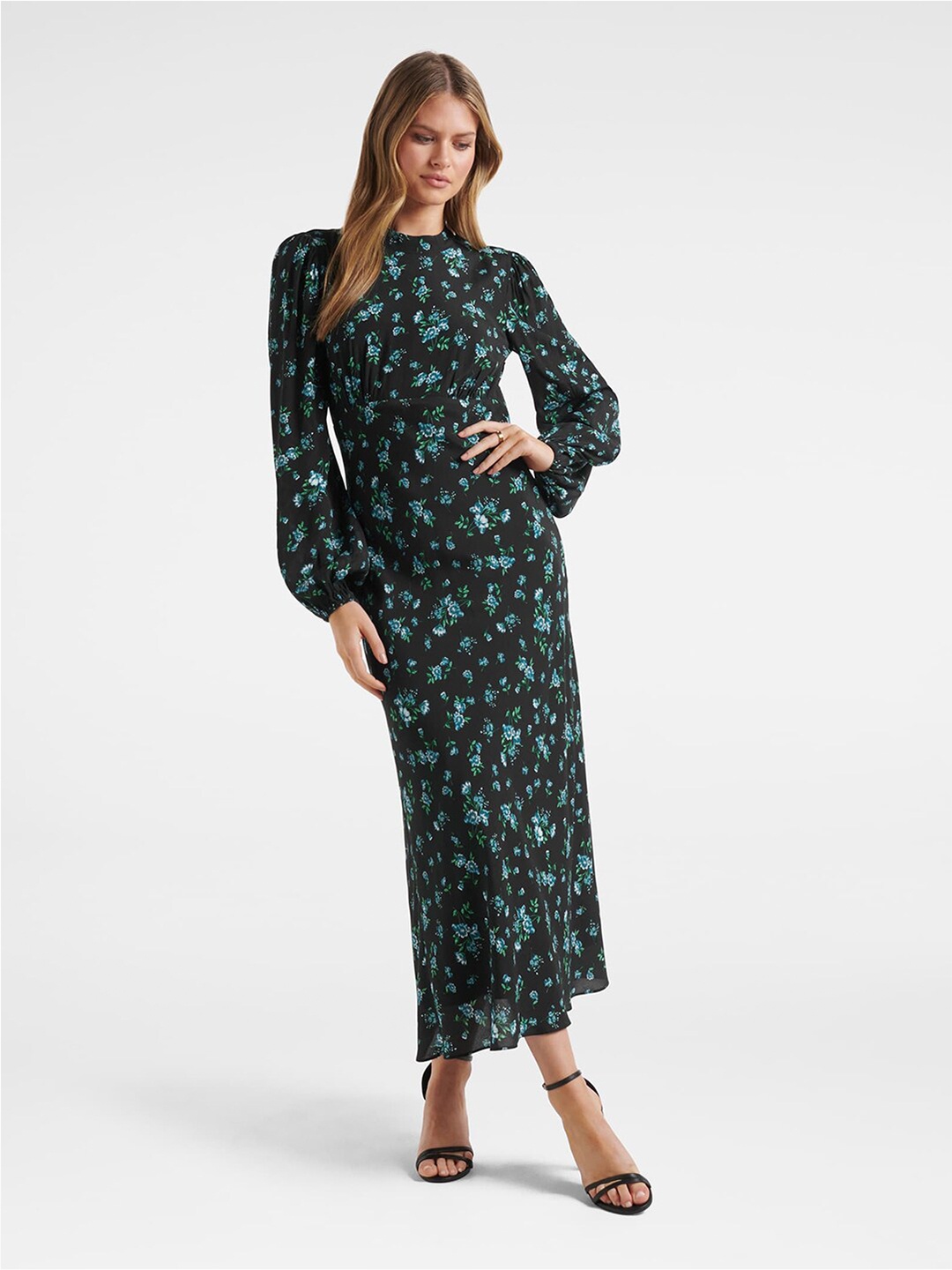 

Forever New Floral Printed Puff Sleeves Sheath Maxi Dress, Black