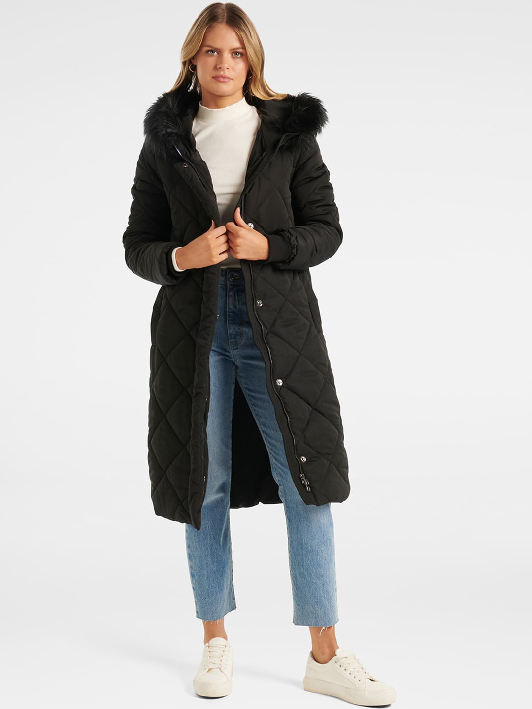 

Forever New Women Hooded Longline Quilted Jacket, Black