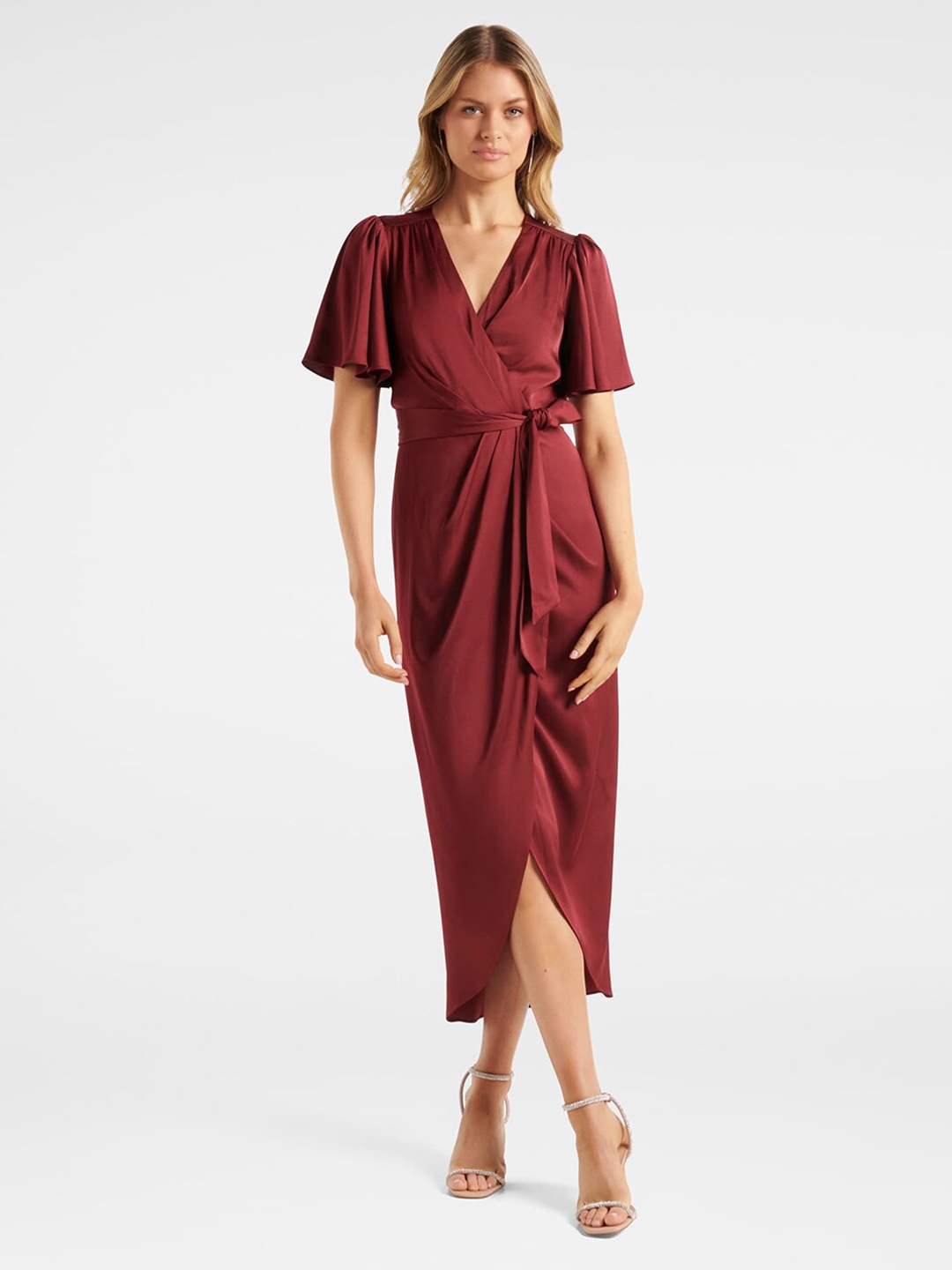 

Forever New Flared Sleeves Wrap Midi Dress, Maroon