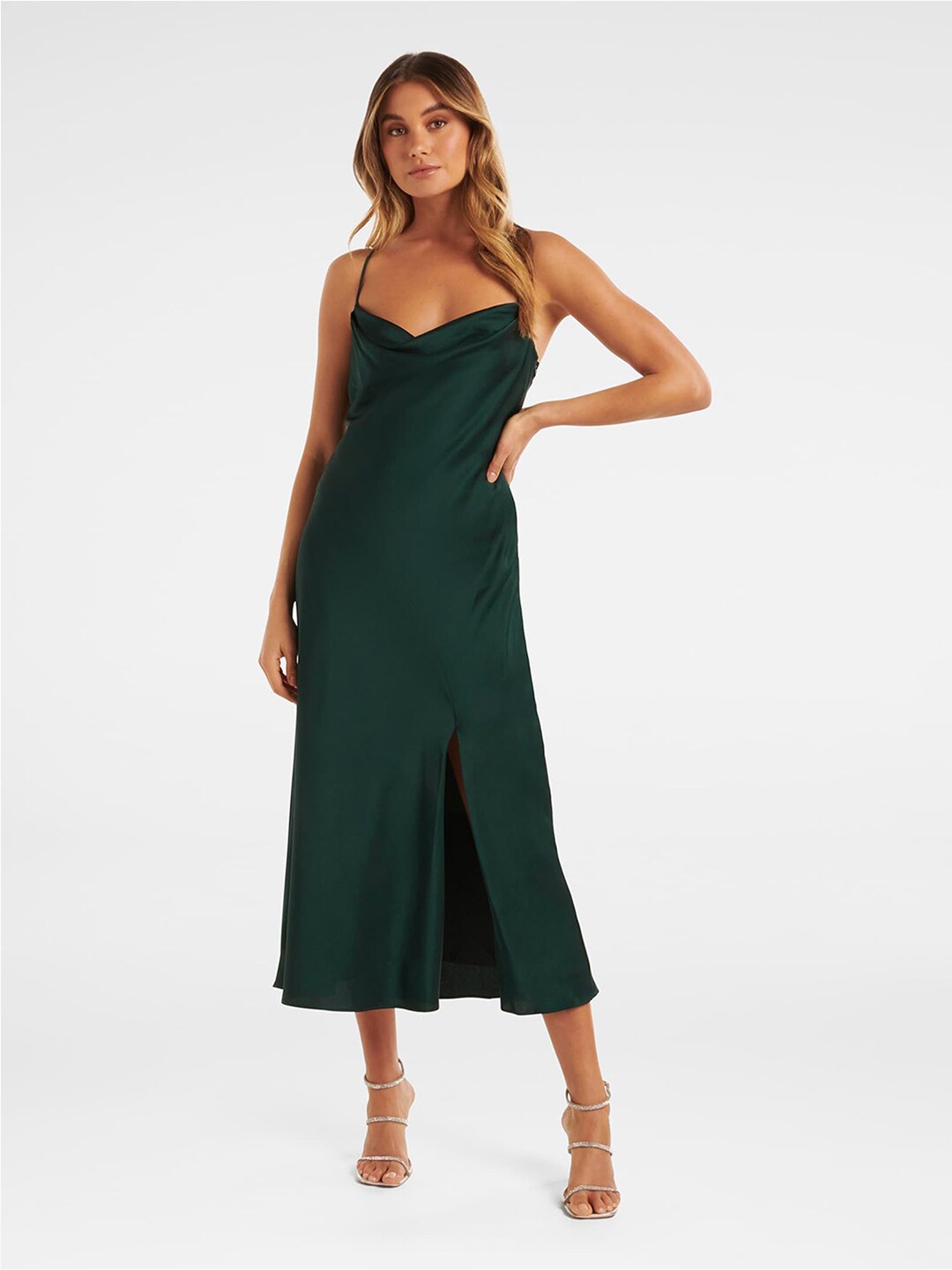 

Forever New Cowl Neck Front Slit A-Line Midi Dress, Green