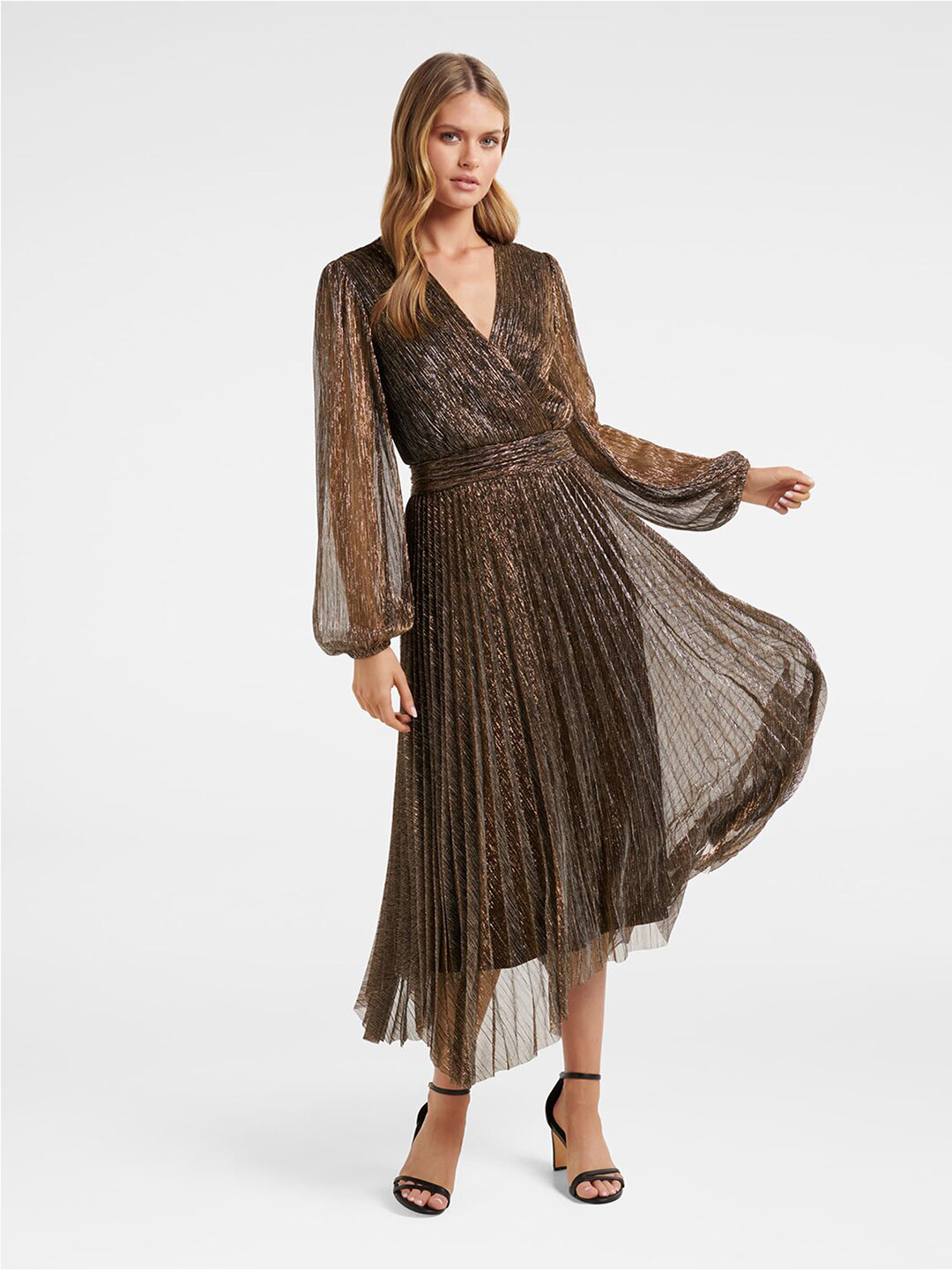 

Forever New Self Design Pleated Detailed Wrap Midi Dress, Brown