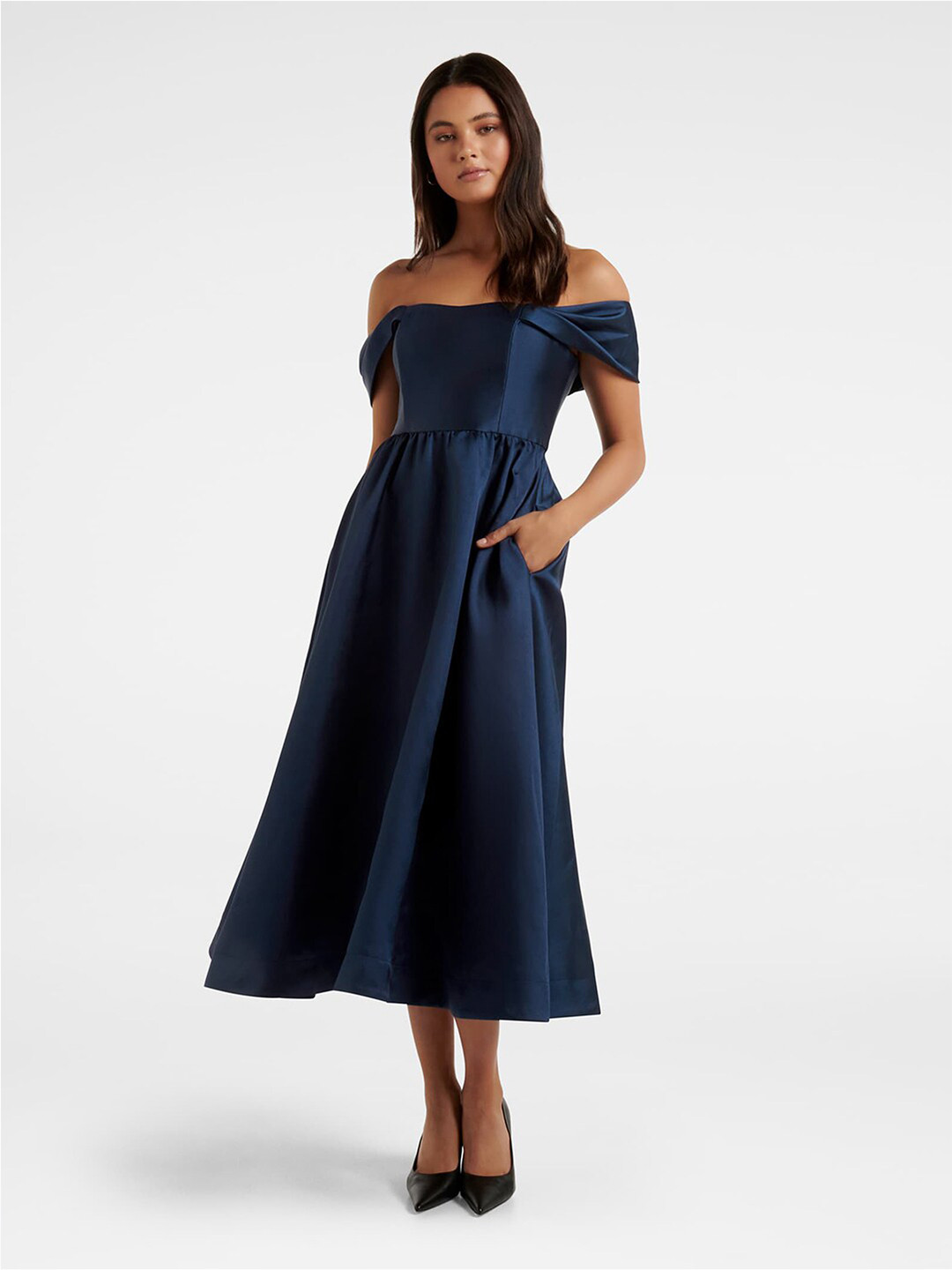 

Forever New Off-Shoulder Midi Fit & Flare Dress, Navy blue