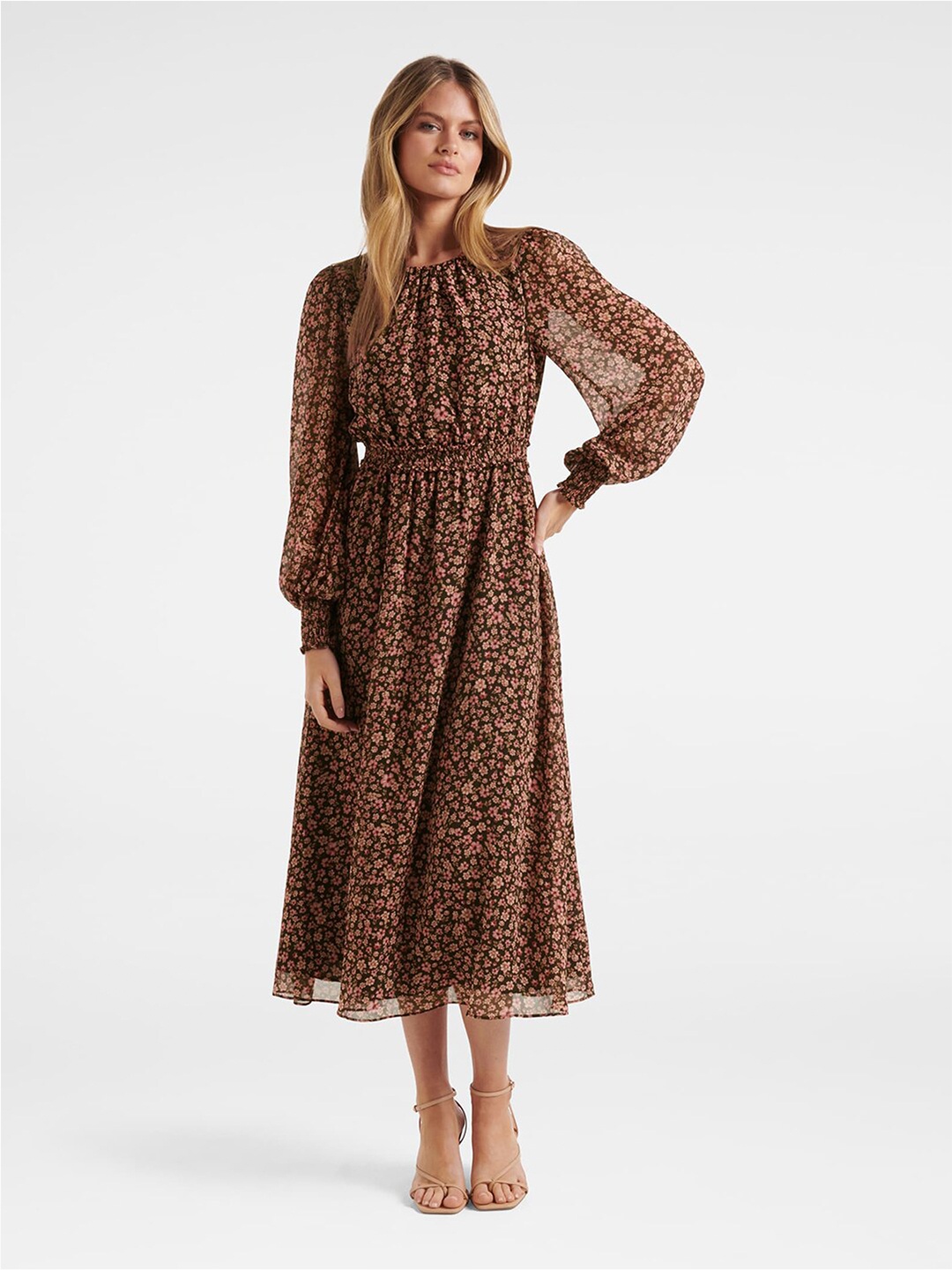 

Forever New Floral Printed Gathered Detailed Midi Fit & Flare Dress, Brown