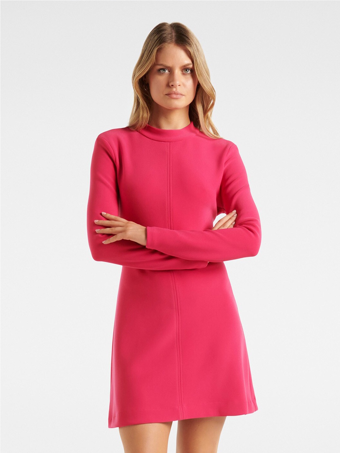 

Forever New Mock Neck Long Sleeves Sheath Mini Dress, Fuchsia