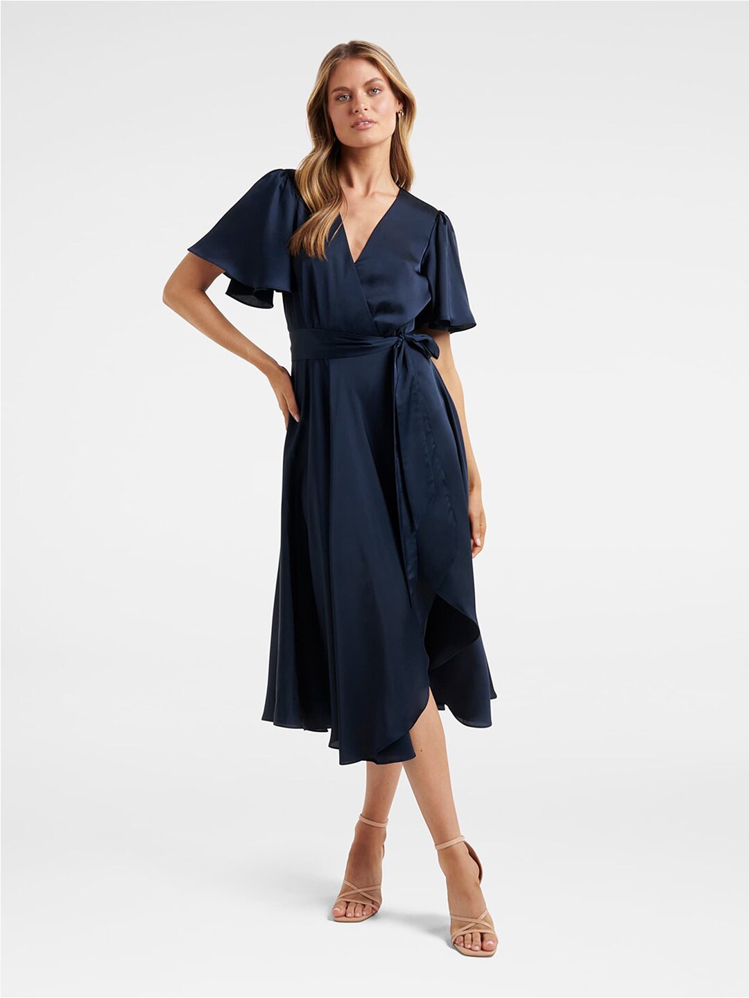 

Forever New Flared Sleeves Midi Wrap Dress, Navy blue
