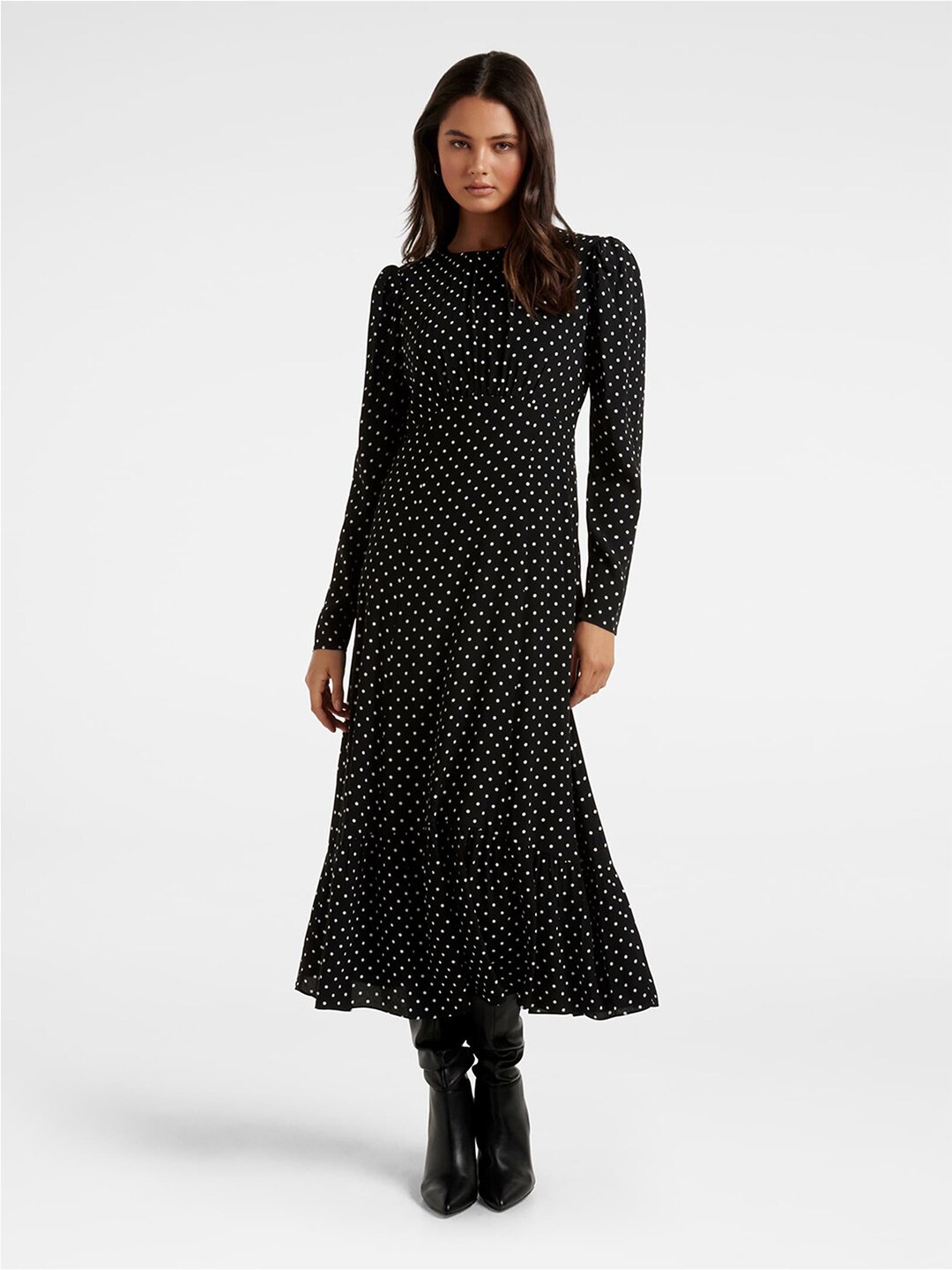 

Forever New Polka Dots Printed Flounce Maxi Fit & Flare Dress, Black