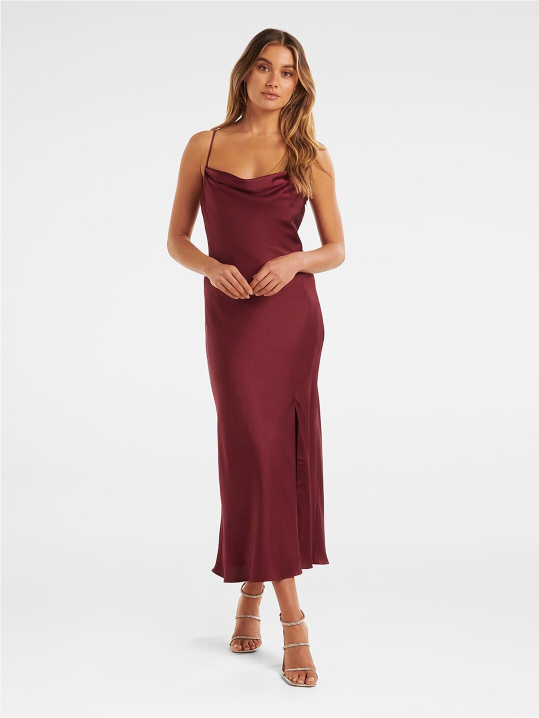 

Forever New Cowl Neck Front Slit A-Line Midi Dress, Maroon