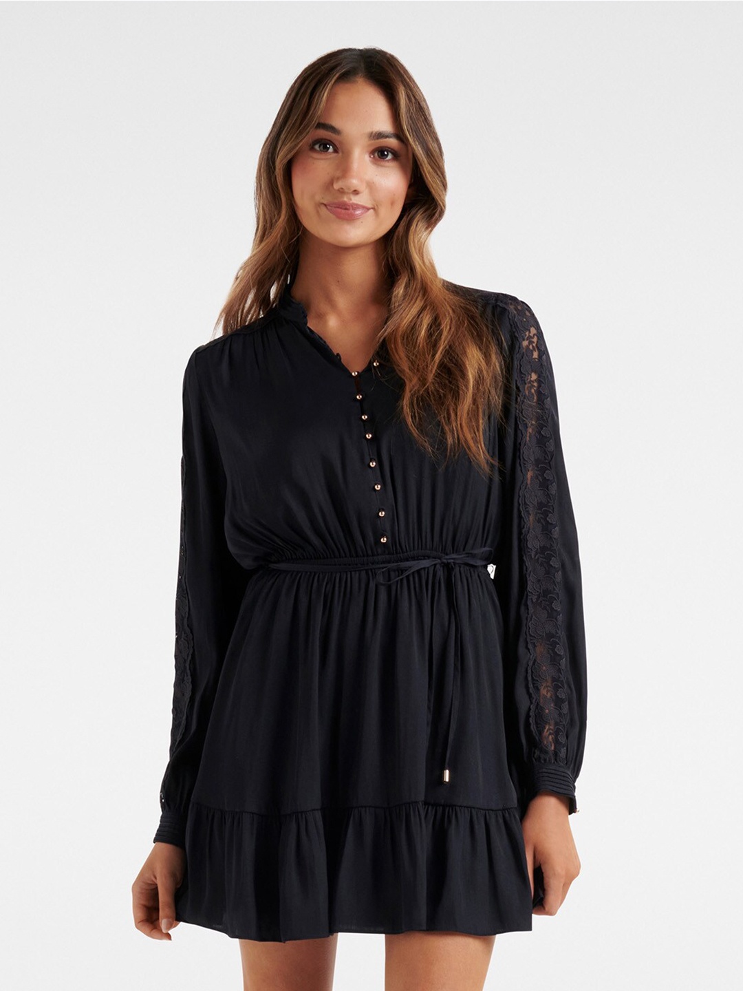 

Forever New Lace Detailed Flounce Mini Fit & Flare Dress, Navy blue