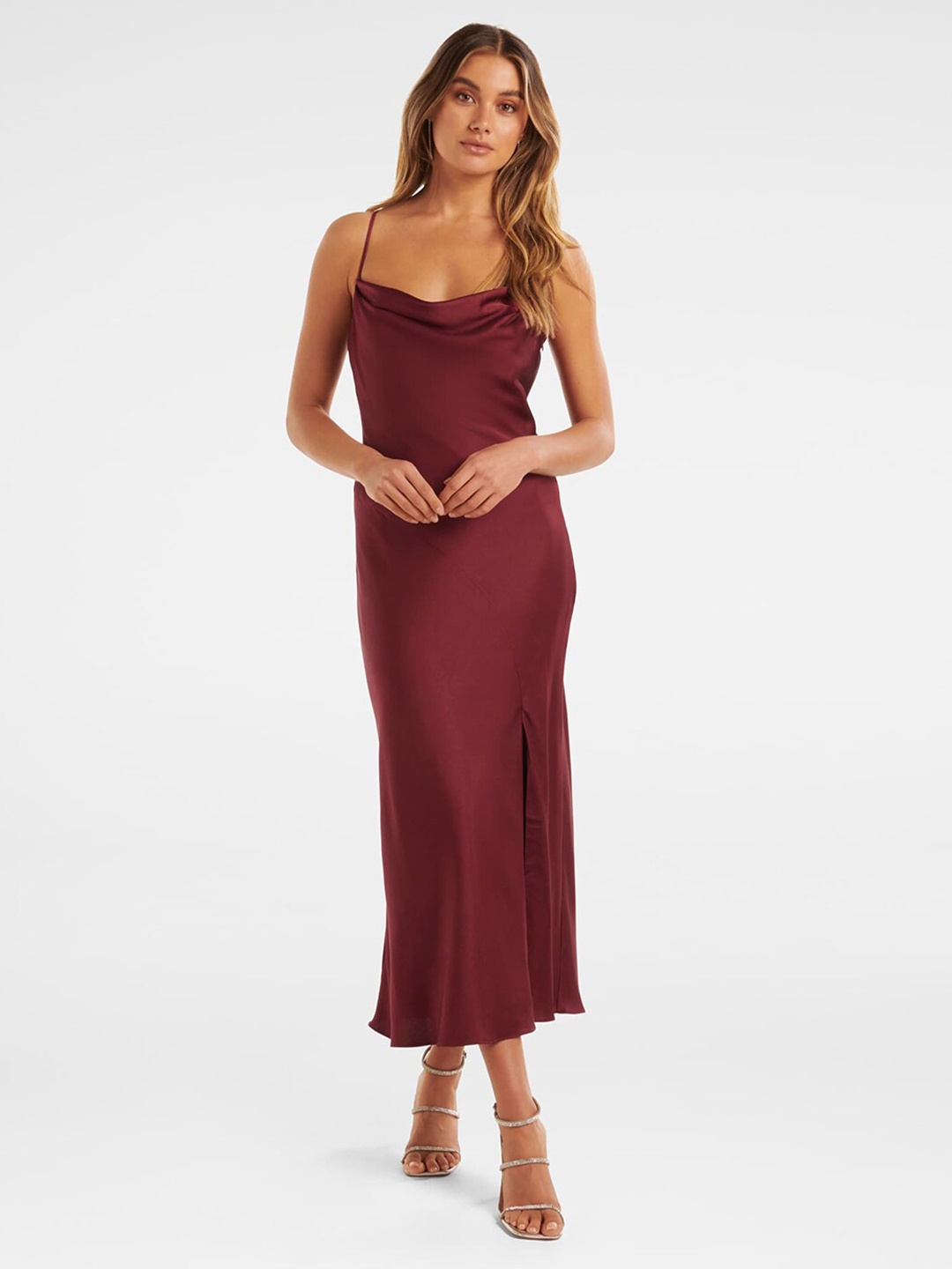 

Forever New Maroon Cowl Neck Front Slit A-Line Midi Dress