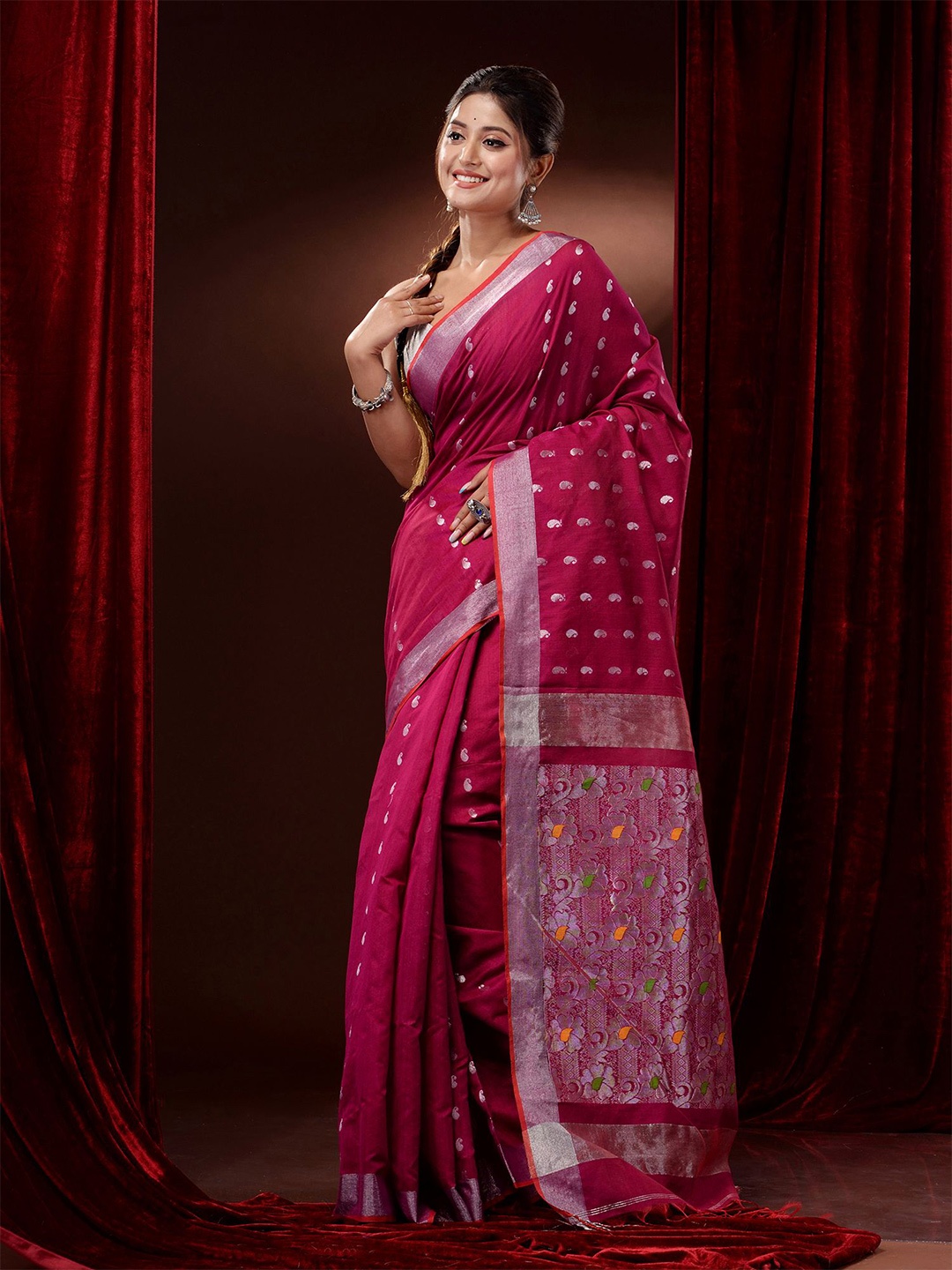 

Charukriti Magenta & Silver-Toned Woven Design Zari Saree