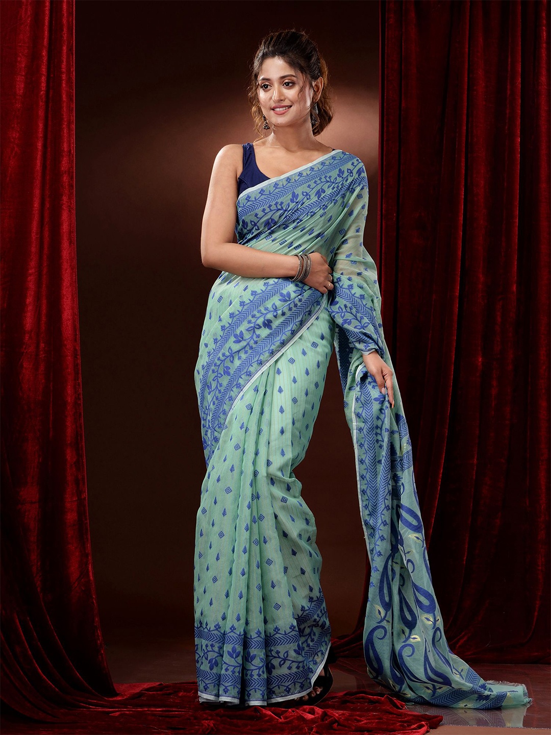 

Charukriti Woven Design Silk Cotton Jamdani Saree, Sea green