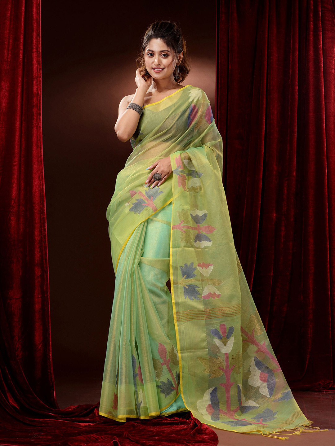 

Charukriti Zari Tissue Saree, Green