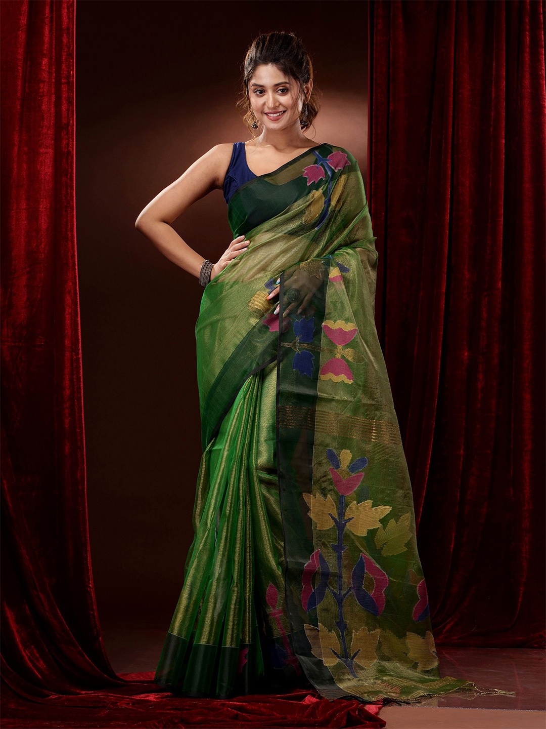 

Charukriti Woven Design Zari Tissue Saree, Green