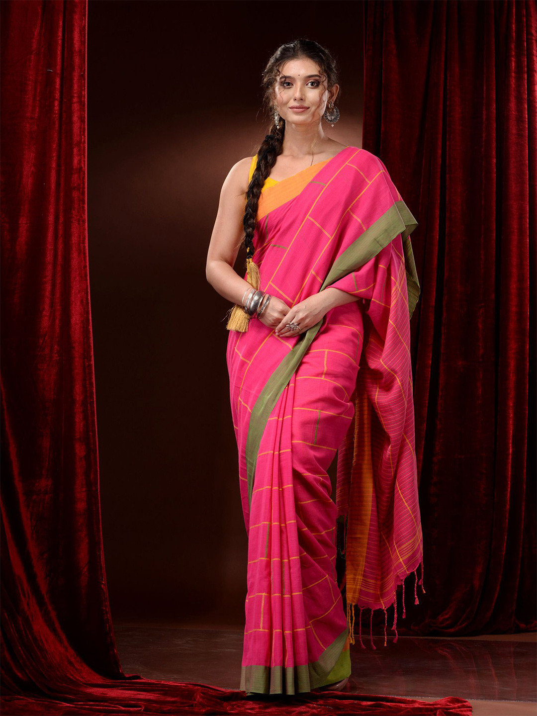

Charukriti Striped Zari Pure Cotton Saree, Pink