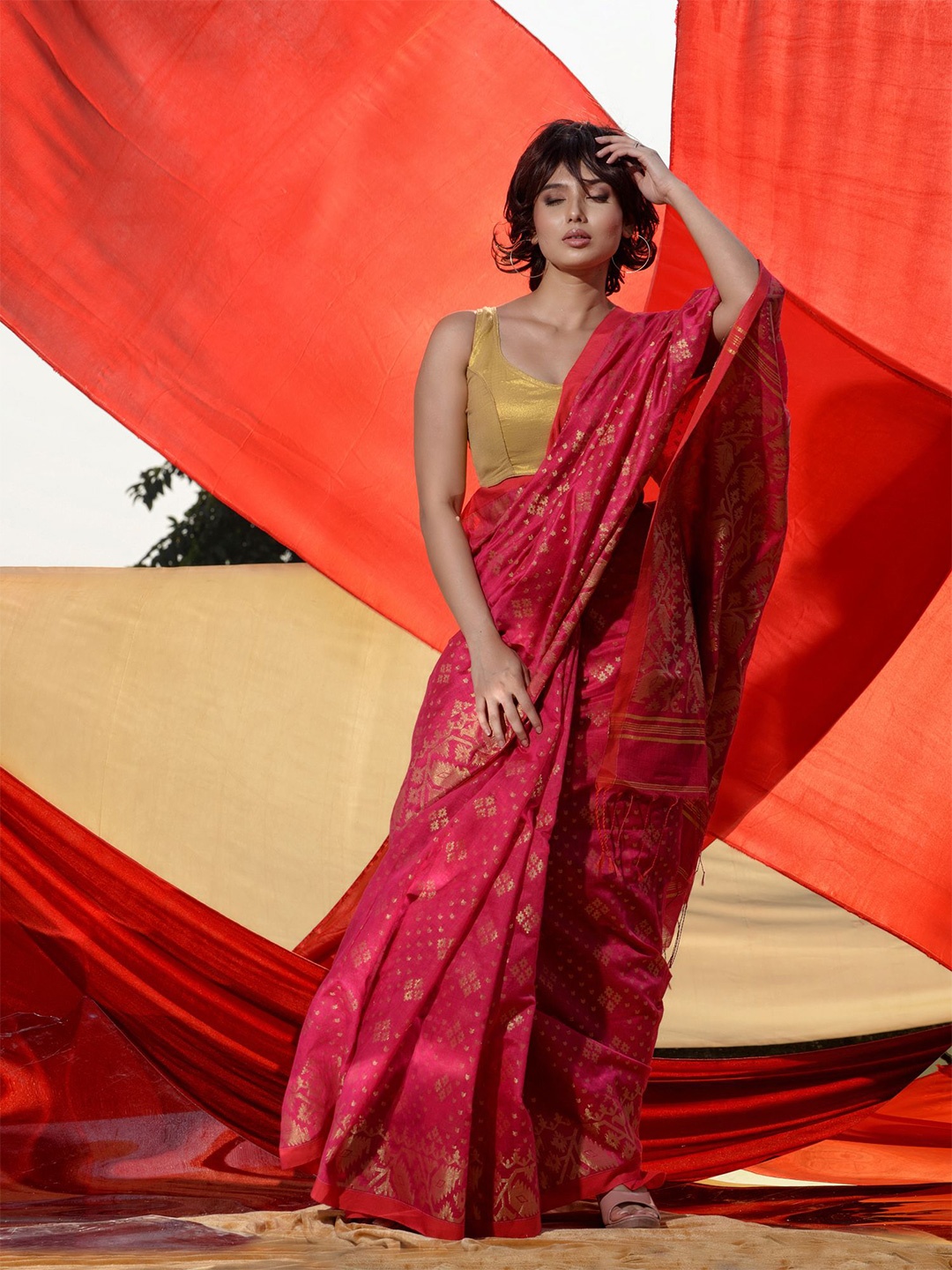

Charukriti Ethnic Motifs Zari Saree, Pink