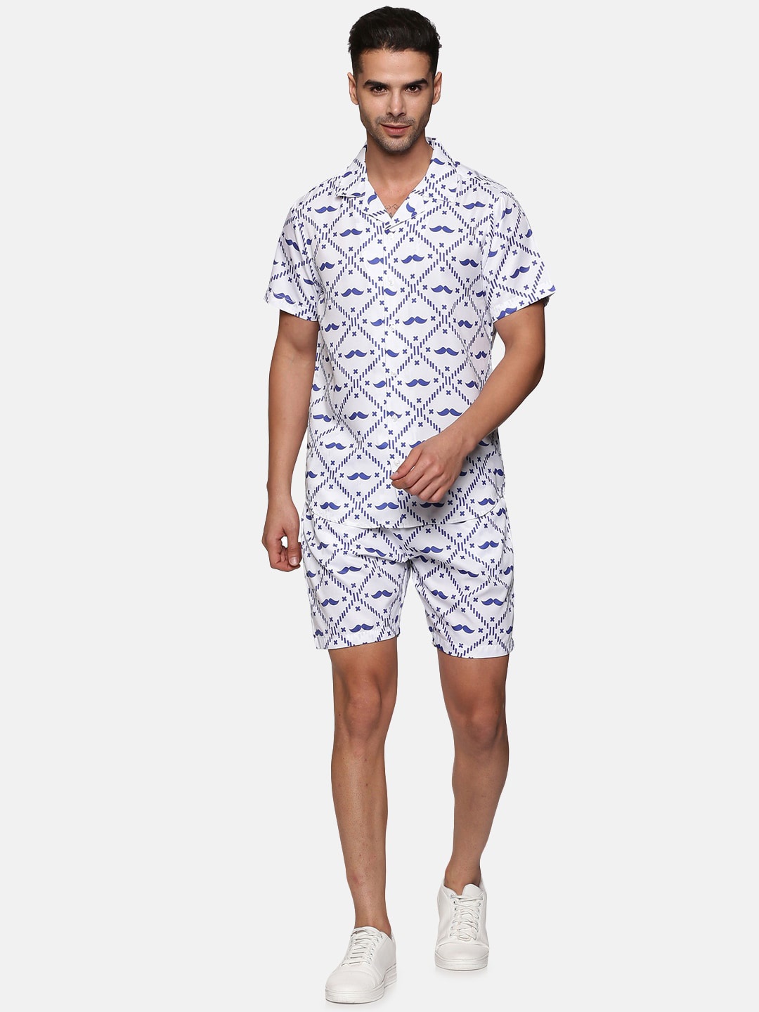 

Tusok Men Moustache Printed Shirt With Shorts, White