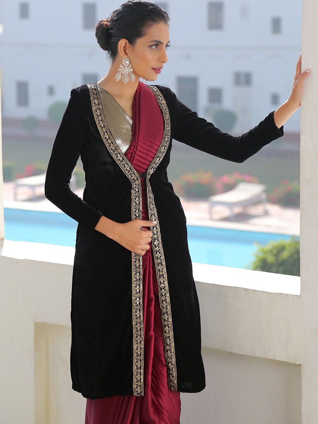 

Swtantra Embroidered Lace Detail Longline Velvet Shrug, Black