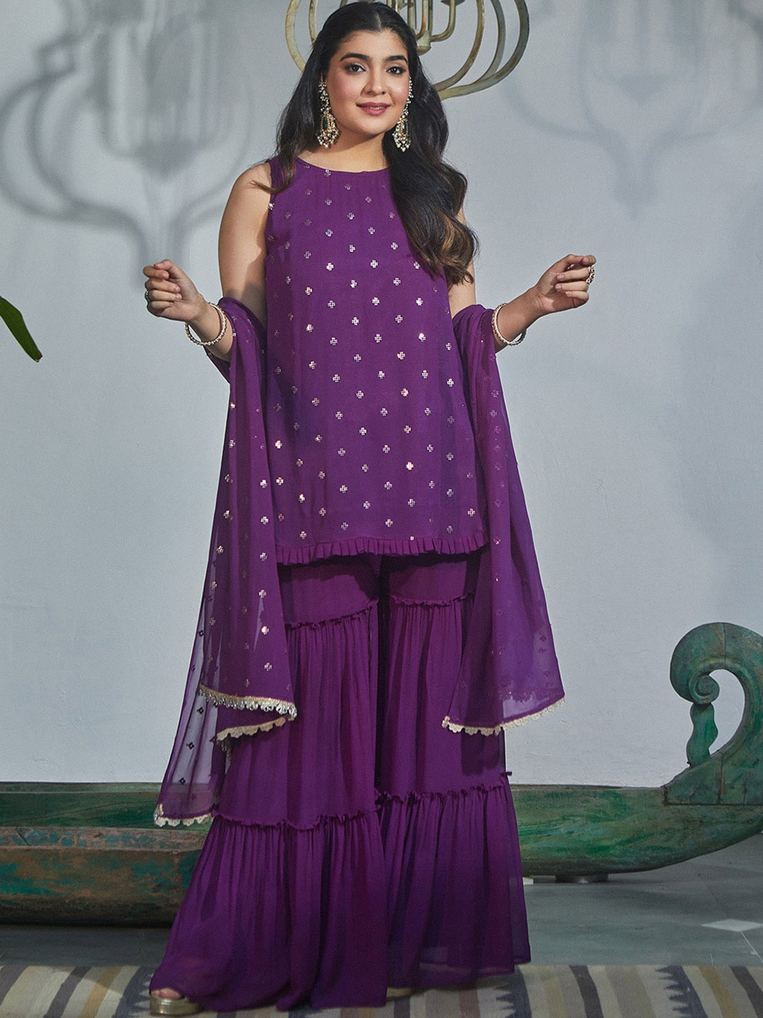 

Alaya By Stage3 Printed Sequinned Kurta With Sharara & Dupatta, Purple