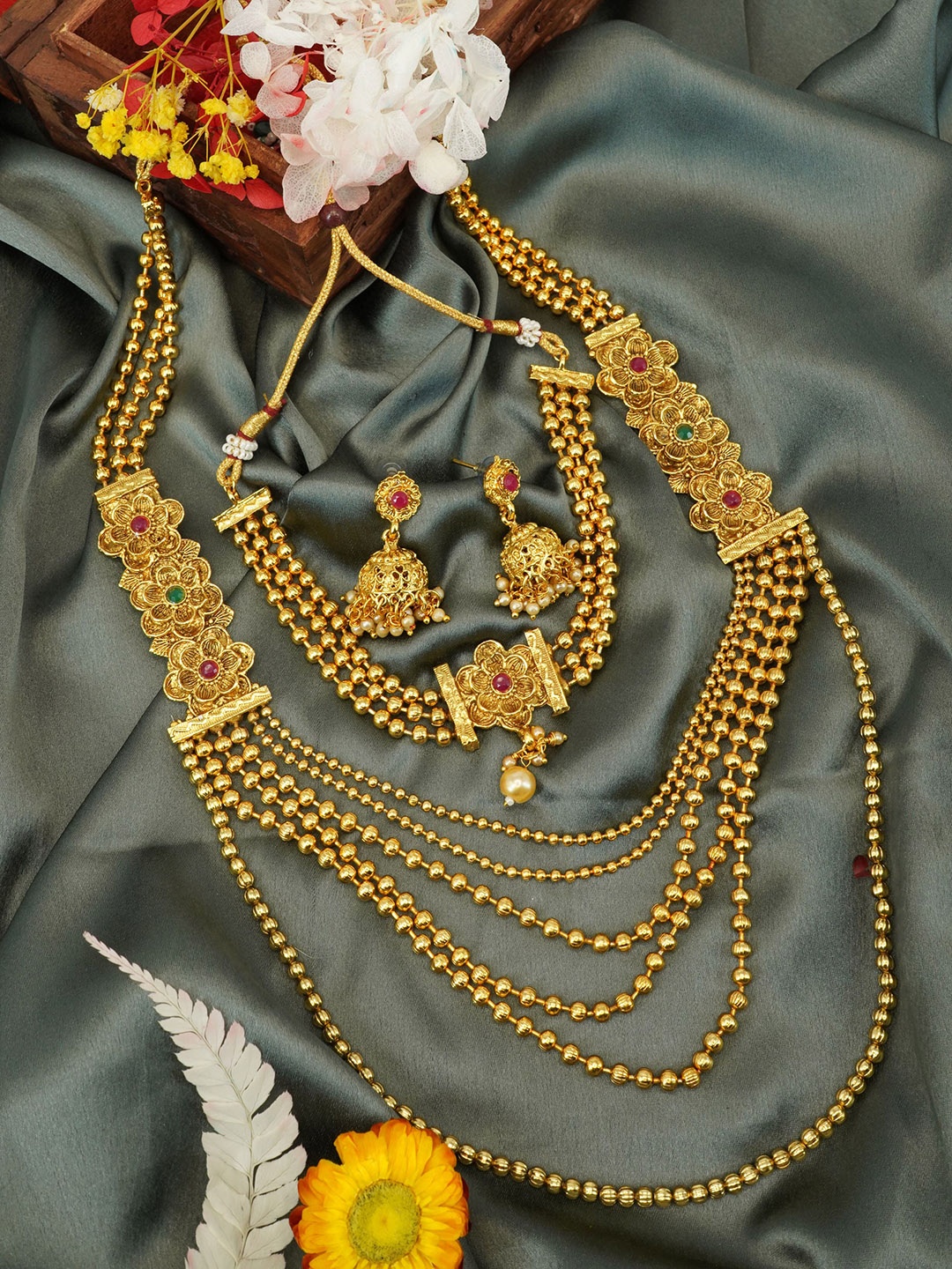 

GRIIHAM Gold-Plated Stone Studded & Beaded Jewellery Set