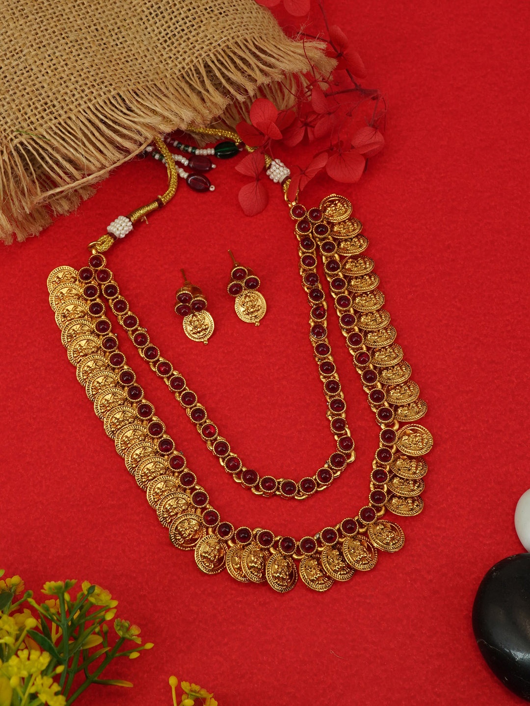 

GRIIHAM Gold-Plated AD Studded Layered Laxmi Necklace Jewellery Set, Maroon
