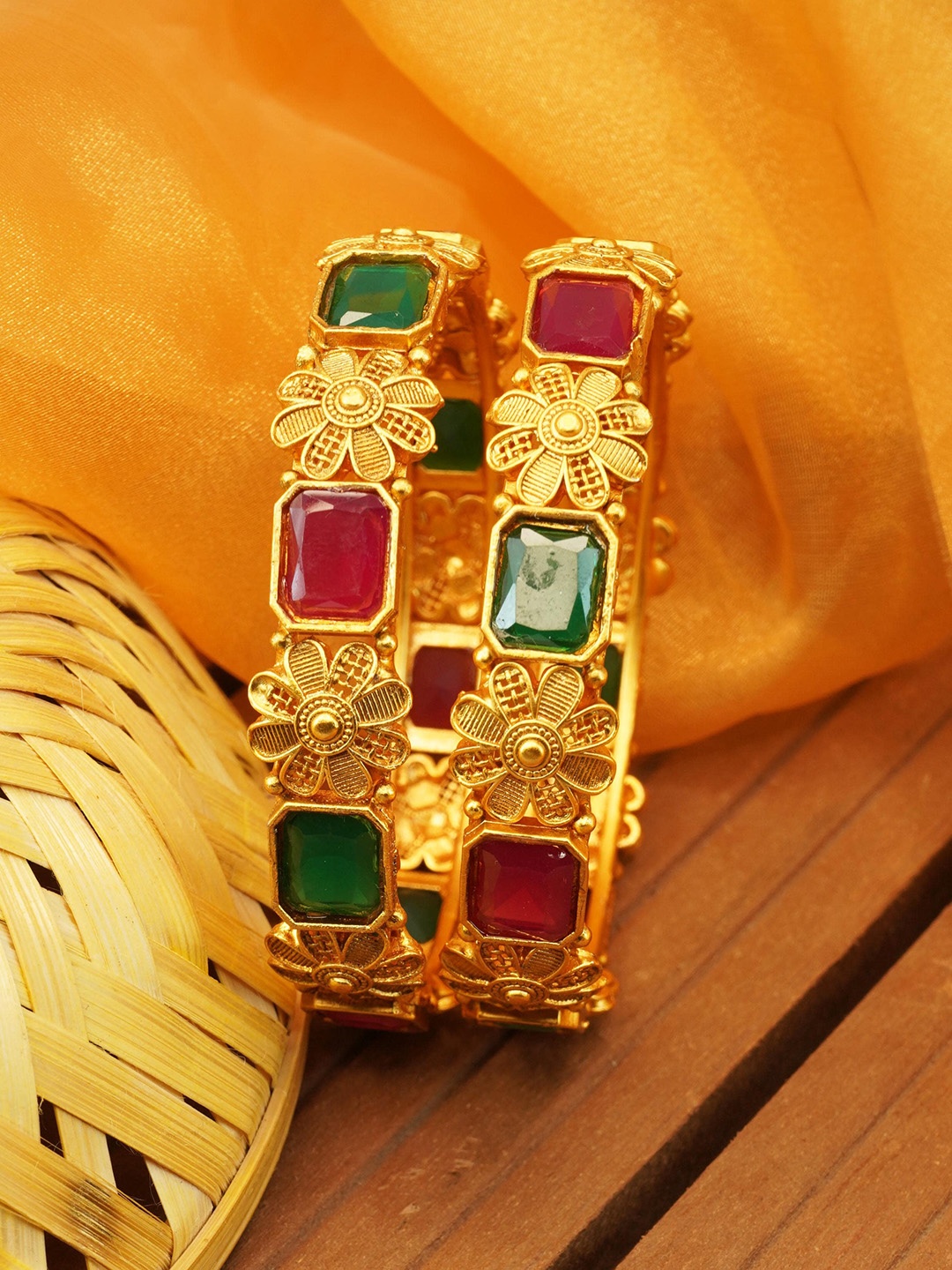 

GRIIHAM Set of 2 Gold-Plated Ad Stone-studded Bangle
