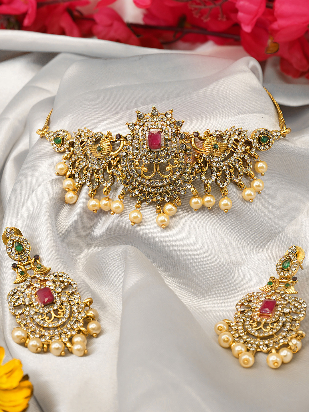 

GRIIHAM Elegant Gold-Plated AD- Stone Studded & Pearl Beaded Short Choker Jewellery Set